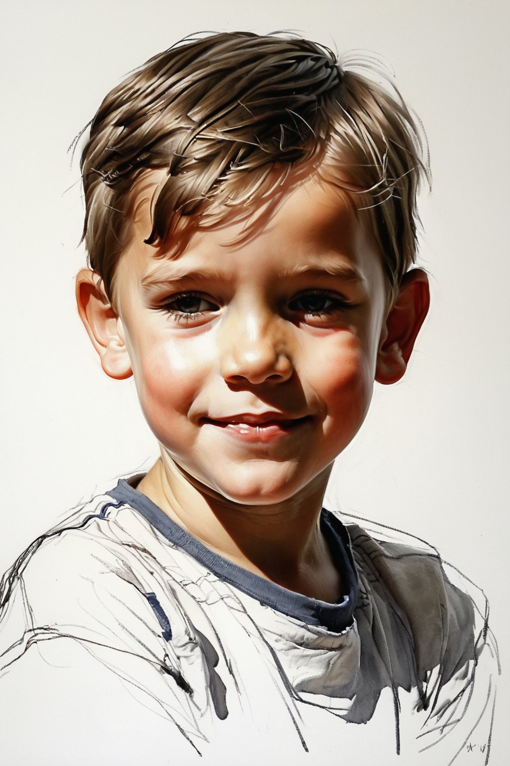 Masterpiece, best quality, dreamwave, aesthetic, 1boy- chield 2 years old, open look, (looking into the eyes), smiling charmingly, short brown hair, sketch, lineart, pencil, white background, portrait by Alexanov, Style by Nikolay Feshin, artistic oil painting stick,charcoal \(medium\), 