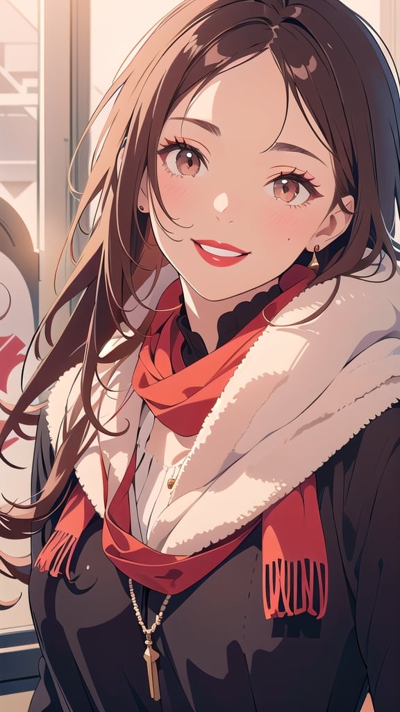 brown_hair, long_hair, scarf, black_clothes, red_lips, red_lipstick, brown_eyes, smile, medium_breast, necklace, red_scarf, black_coat, brunette, brown_skin, ASU1