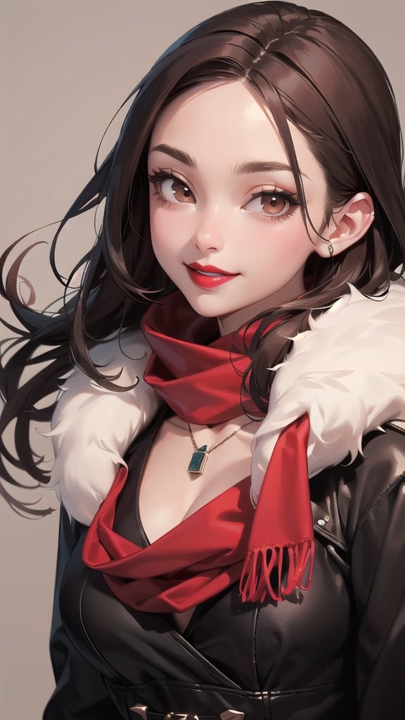 brown_hair, long_hair, scarf, black_clothes, red_lips, red_lipstick, brown_eyes, smile, medium_breast, necklace, red_scarf, black_coat, brunette, brown_skin, ASU1
