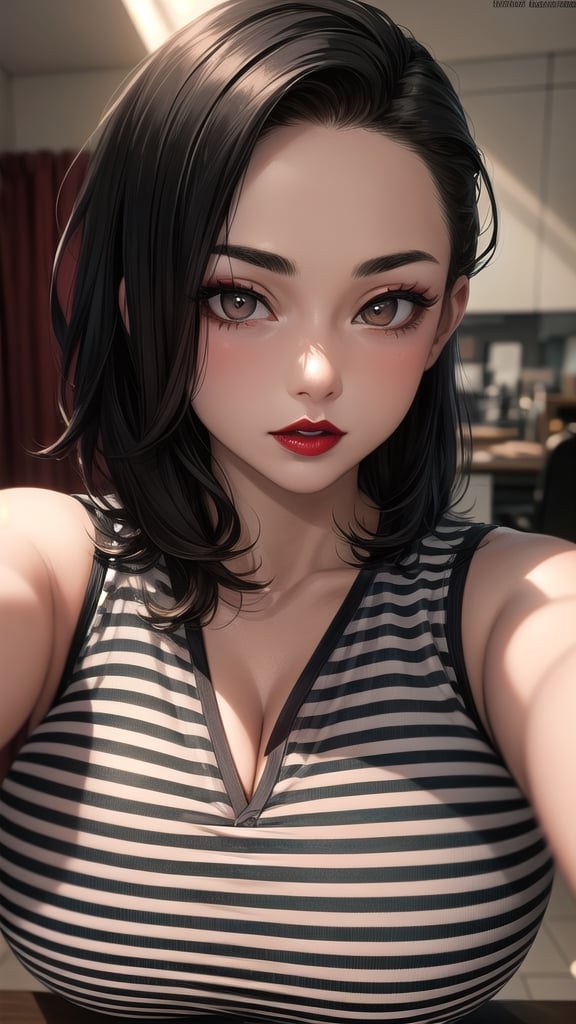 SMMars, girl, black_hair, short_hair, pale_skin, skinny, big_boobs, big_breast, night_dress, red_lips, red_lipstick, eye_brows, brown_eyes, beatiful, top_model, masterpiece, side_hair, hair_style, cleavage