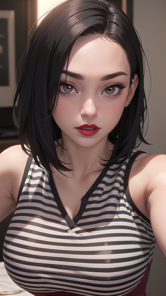 SMMars, girl, black_hair, short_hair, pale_skin, skinny, big_boobs, big_breast, night_dress, red_lips, red_lipstick, eye_brows, brown_eyes, beatiful, top_model, masterpiece, side_hair, hair_style, cleavage