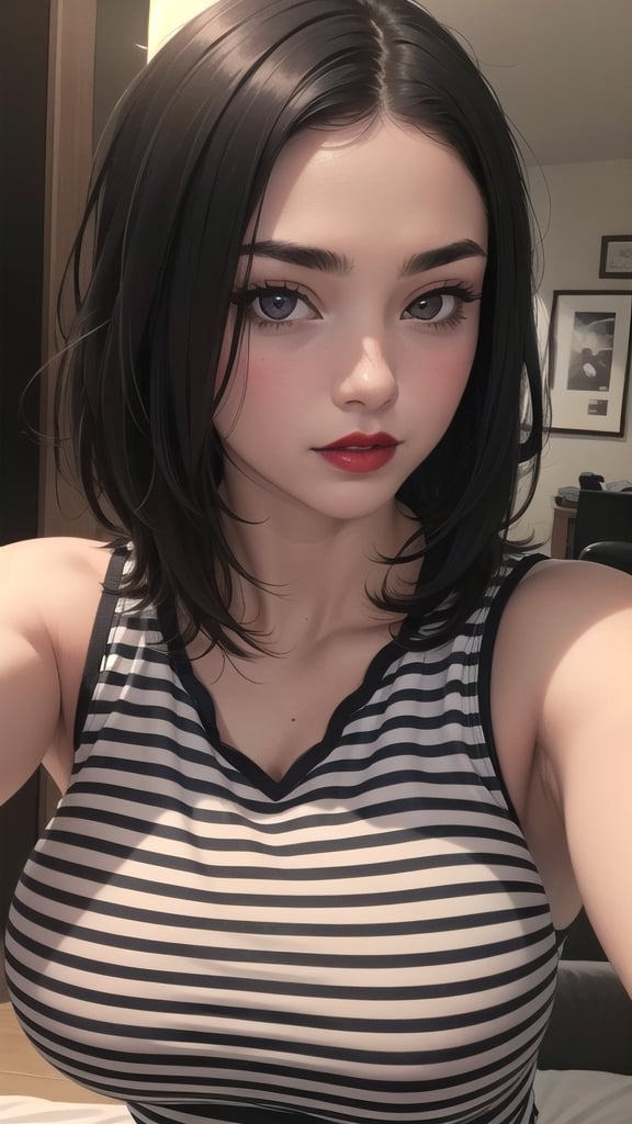 SMMars, girl, black_hair, short_hair, pale_skin, skinny, big_boobs, big_breast, night_dress, red_lips, red_lipstick, eye_brows, brown_eyes, beatiful, top_model, masterpiece, side_hair, hair_style, cleavage