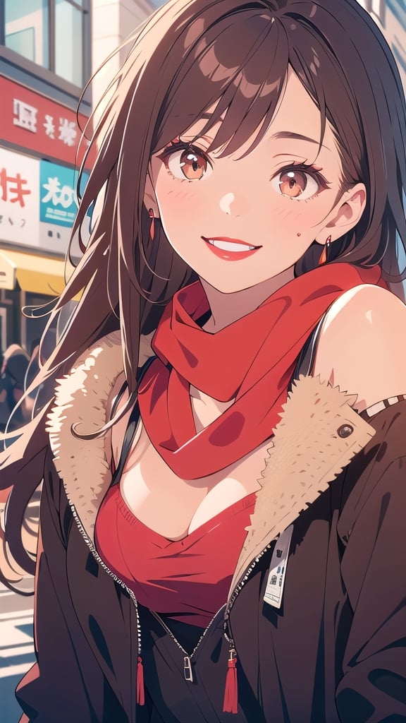 brown_hair, long_hair, scarf, black_clothes, red_lips, red_lipstick, brown_eyes, smile, medium_breast, necklace, red_scarf, black_coat, brunette, brown_skin, ASU1