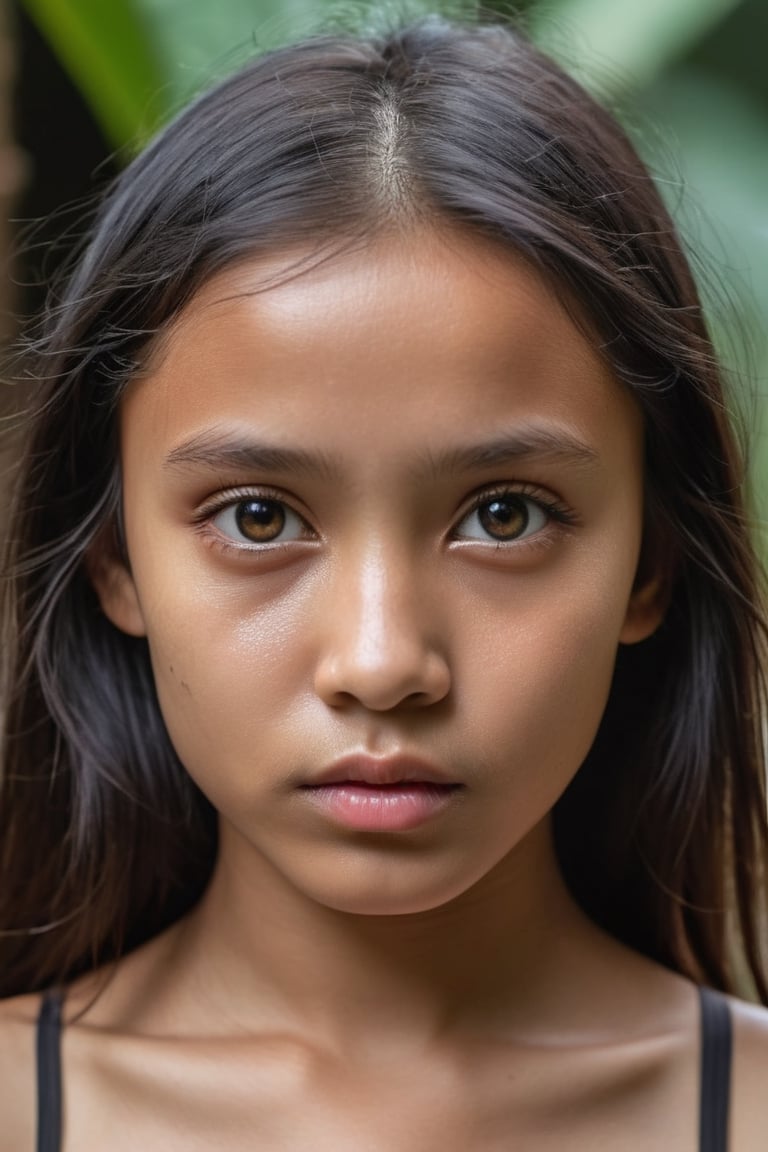 Portrait Photo a portrait,  hyperdetailed photography,  by Elizabeth Polunin, black haired young girl, Indonesian, looking straight to camera,  sweaty,  olya bossak, Jawa, bra, very accurate photo, 