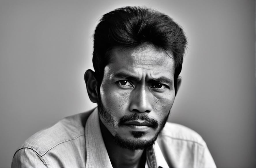 Generate an image that captures the essence of this description: The image is a black and white photo of a Indonesian man with a serious expression on his face, looking directly into the camera. He has a thin beard and appears to be well-dressed. The man's gaze is fixed and intense, as if he is staring into the depths of space or contemplating something important. The overall mood of the image is quite serious and contemplative. The lack of color in the photograph adds to the dramatic effect and draws attention to the subject's facial expression and demeanor





