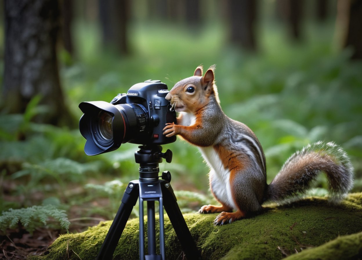 RAW photo, scene of a cute squirrel baby, (with a photo camera on tripod), (side view), (face to face), in a clearing, very sharp, cinematic lights, full body in frame, dark shot, deep darks, extremely detailed, masterpiece,, background a beautiful forrest, deep of field, amazing natural lighting, intricate design, photorealistic, hyperrealistic, high definition, extremely detailed,  realistic,  highly detailed, best quality, cinematic lighting, insane details, 12K, UHD, brilliant composition