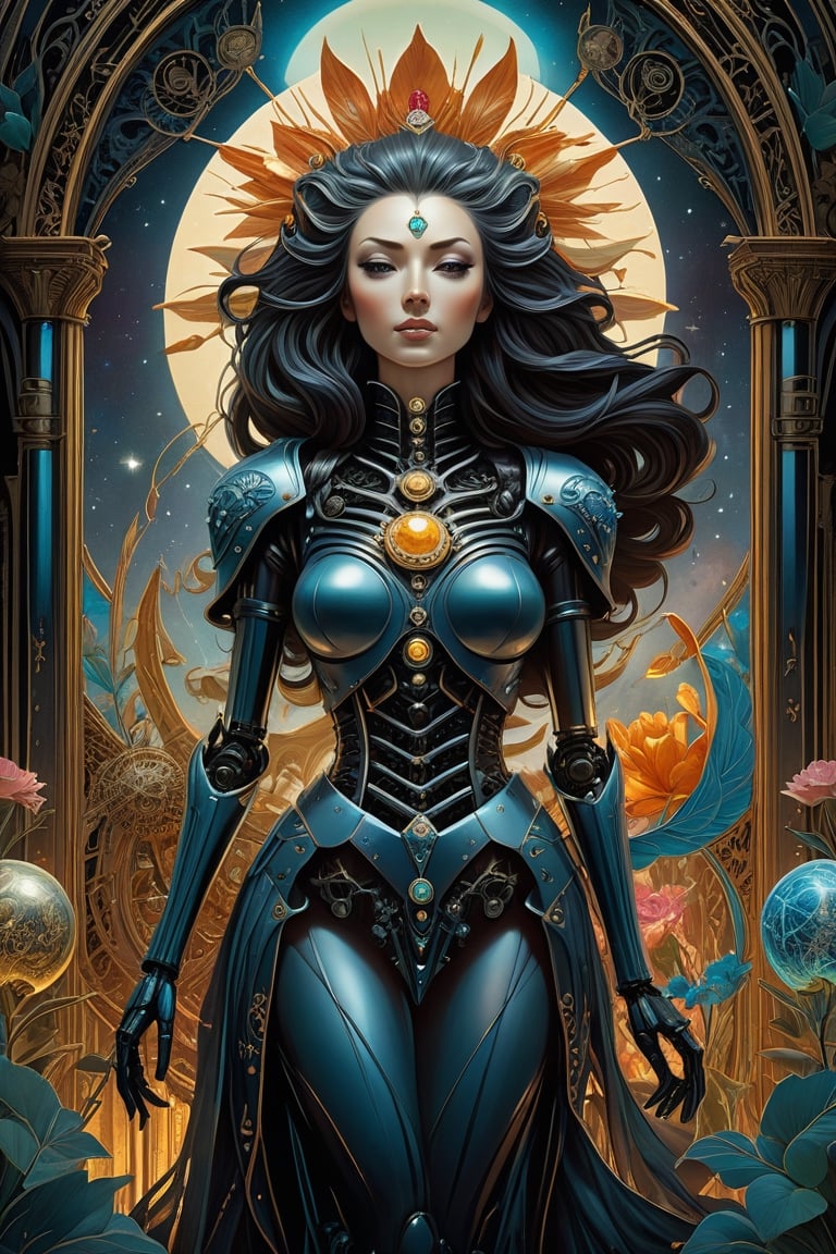 close-up high angle shot, fantasycore beautiful, Intricate hyperdetailed, view of an enchanting major arcana tarot card, layed on an old ripped table room, professional photography, a masterpiece, triadic colors || Fantasy anatomical illustration reimagining of the strengthmajor arcana tarot card, dark fantasy concept art by Dan Mumford and James jean, anatomical robot woman and skeleton lion, poster art by jon foster and victo ngai, dark fantasy tarot art, gorgeous linework, a complex and intricate masterpiece, cel-shaded, illustrative lines, fluid movement, pop surrealism, juxtapoz magazine, low brow art movement, hi-fructose magazine, art deco, art nouveau, collector’s special edition art, sfw