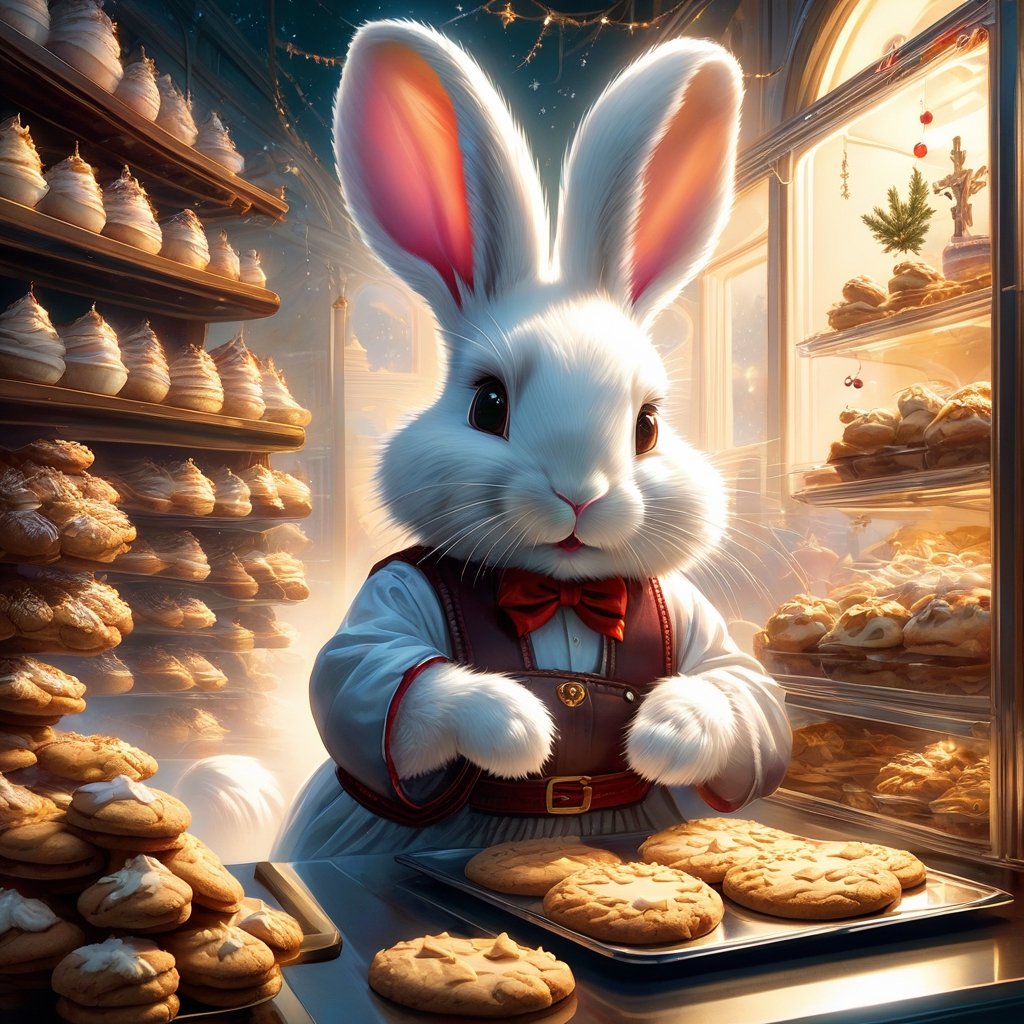 (masterpiece), Winter style, Rabbits baling christmas cookies together, cookie press, happy memory, warm and cozy kitchen, illumination background, reflections, sparkling, Dutch angle shot, joel rea and mark ryden, slawomir maniak and greg tocchini, concept art, rockwell and lou xaz, exquisite digital illustration, holiday art, beautiful digital illustration by yoshitaka amano, dan mumford, Nicolas delort, jeff koons, photorealism, crisp, UHD, fantasy, gorgeous linework, a complex and intricate masterpiece, cel-shaded, clean and sharp