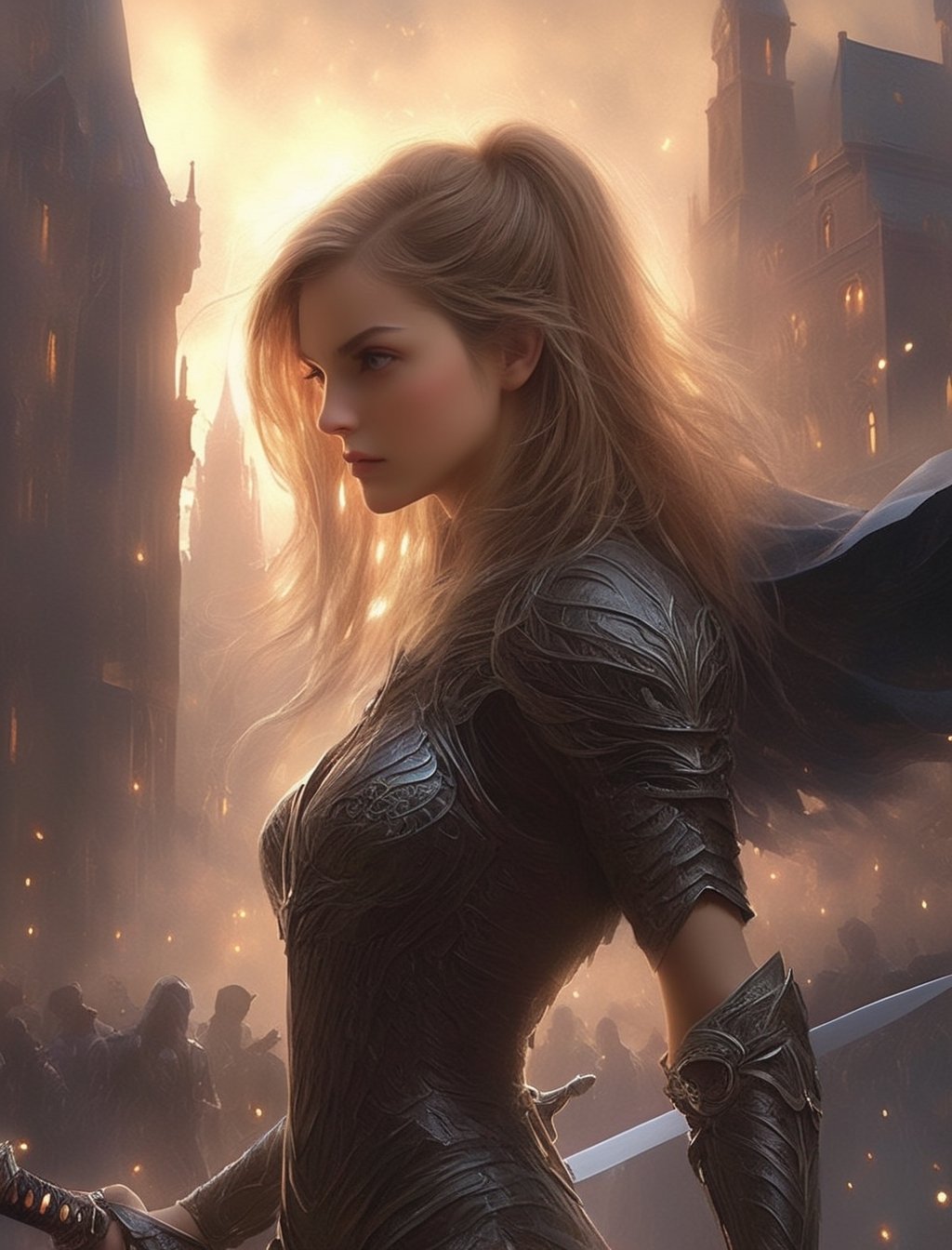 "Dark romance fantasy, close up of a woman with sword wearing dragon bone armor standing above a city, an army looking up at her, embers", bones, ribcage style armor, eldritch, dracolich-like armor, wavy golden dark blonde hair, Masterpiece, Intricate, Insanely Detailed, Art by lois van baarle, todd lockwood, chris rallis, anna dittmann, Kim Jung Gi, Gregory Crewdson, Yoji Shinkawa, Guy Denning, Textured!!!!, Chiaroscuro!!, actionpainting, best quality, masterpiece,DracolichXL24,art_booster,LegendDarkFantasy,ellafreya,renny the insta girl,real_booster