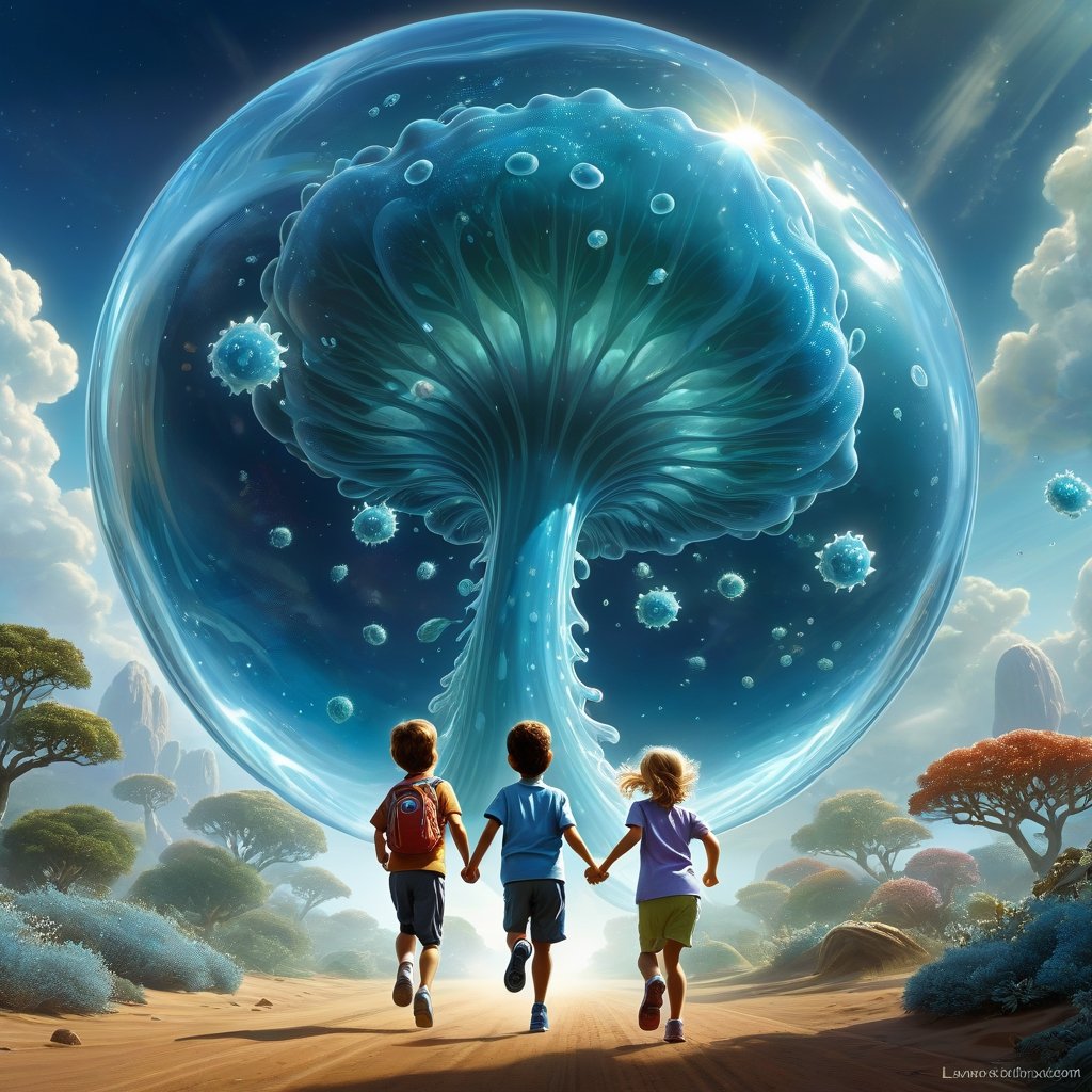 digital illustration, Transparent Amoeba, fun action scene of siblings holding hands and running towrds us, running away from a giant amoeba behind them, the_blob,  jelly-like transparent clear amoeba, science fantasy painting, cell biology, 3 d animated movie, by Lawrence Harris, tree of life inside the ball, crossing the blue horizon, inspired by Todd Lockwood, artist impression, antibodies, by Galen Dara, jaime jasso, intensely beautiful image, marc _ simonetti, portrait of a dreamer