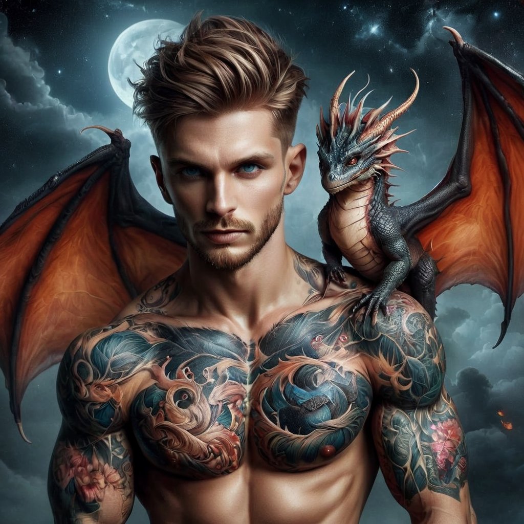 {{best quality}}, {{masterpiece}}, {{ultra-detailed}}, {illustration}, 1man, anatomical tattoo, shirtless male, realistic tiny dragon, full body dragon, perched, mtg art style, painterly, PetDragon2024xl,niji style