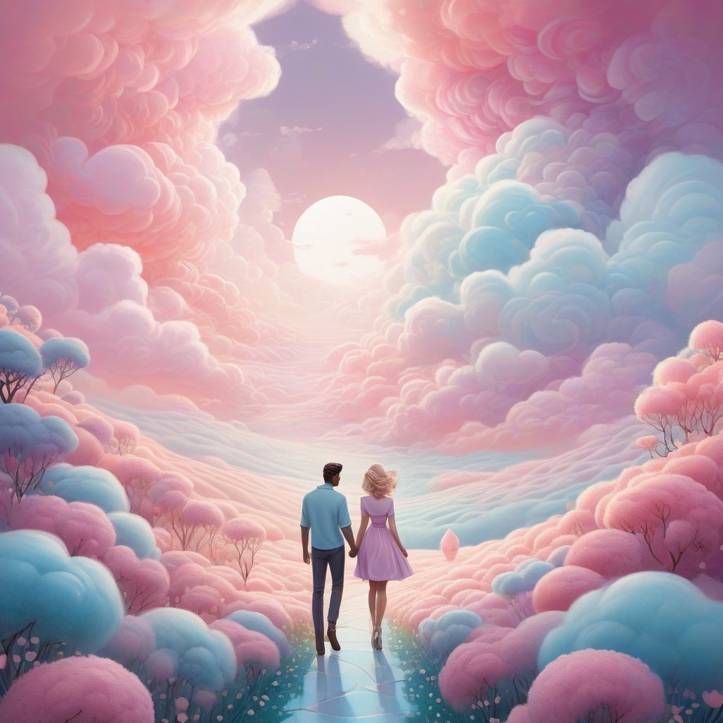 Shaped canvas ready to print graphic design, Pastel color palette, bathed in dreamy soft pastel hues || Bold illustration, digital artwork of a couple walking hand in hand in a cloud maze. background with swirling lines and decorative elements. Storybook illustration inspired, charlie bowater and Gediminas Pranckevicius and victo ngai, surreal fantasy illustration, realistic proportions, complex composition, linework, decorative elements, vector painting, highly detailed, digital illustration, artstation, beautiful, wholesome, nostalgia, high quality, cotton-candy-colors || impossible dream, pastelpunk aesthetic fantasycore art, beautiful soft pastel colors