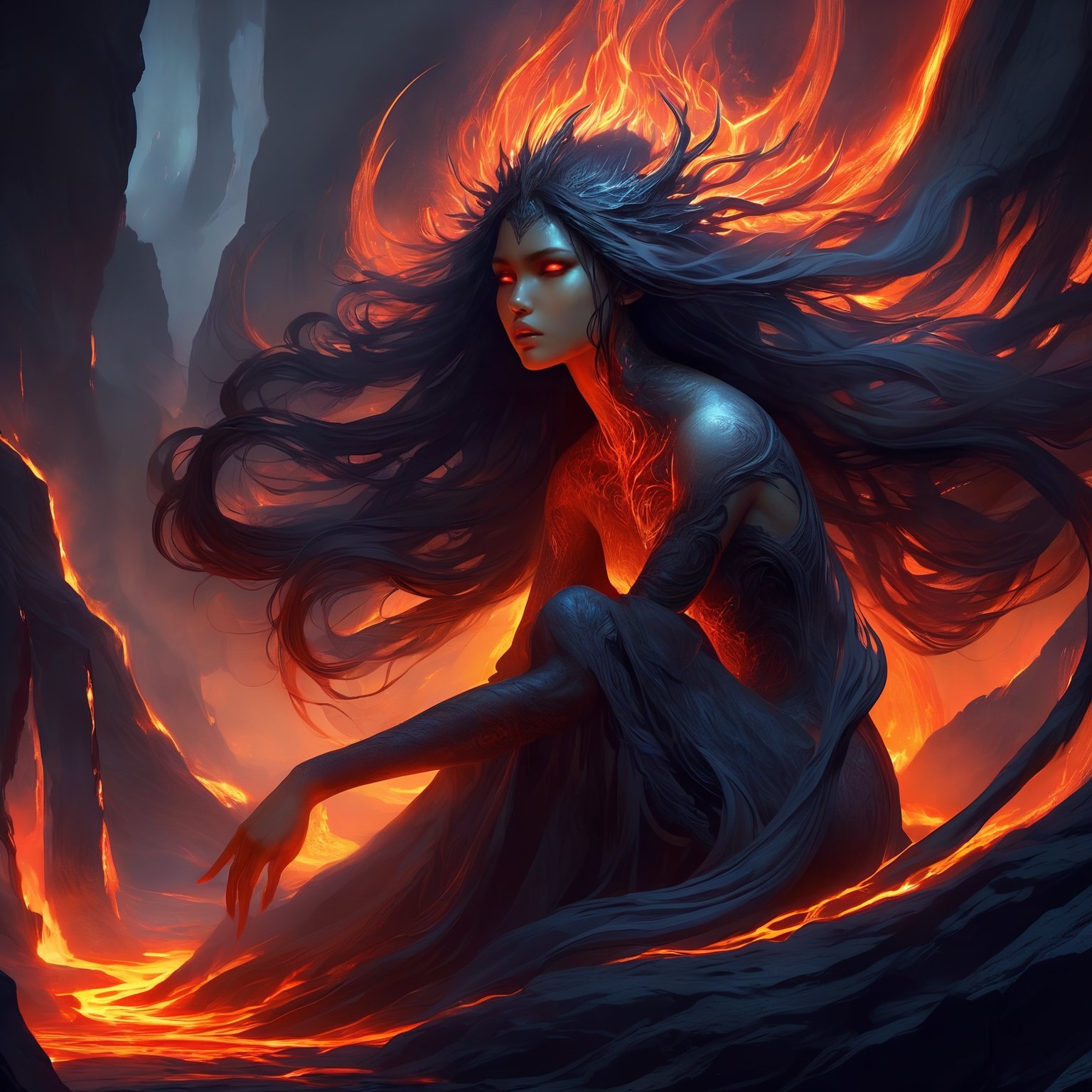 a hyperrealistic digital painting, a vengeful lava monster goddess, hunched over and turning to face us, long flowing glowing lava hair, lava rock body with fiery cracks, wreathed in flame, inspired by mtg artists and charlie bowater and da vinci, detailed backgrounds, 4d, smooth and crisp, atmospheric perspective, horror fantasy || a woman sitting on top of a rock covered in lava, dramatic digital art, woman crying, diffuse, soulslike, avatar image, there is a glow coming from her, nether, smoky lighting, dark soul, transforming,Decora_SWstyle