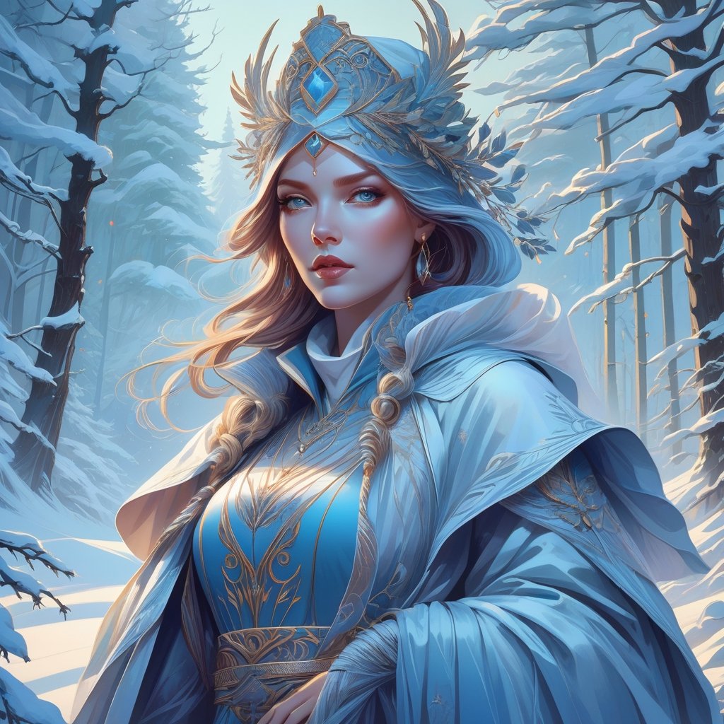 Illustration of a winter muse, by Ivan Bilibin and peter mohrbacher, james jean and anna dittmann, wlop and yoji shinkawa, character design, digital illustration, awesome background, 8k resolution