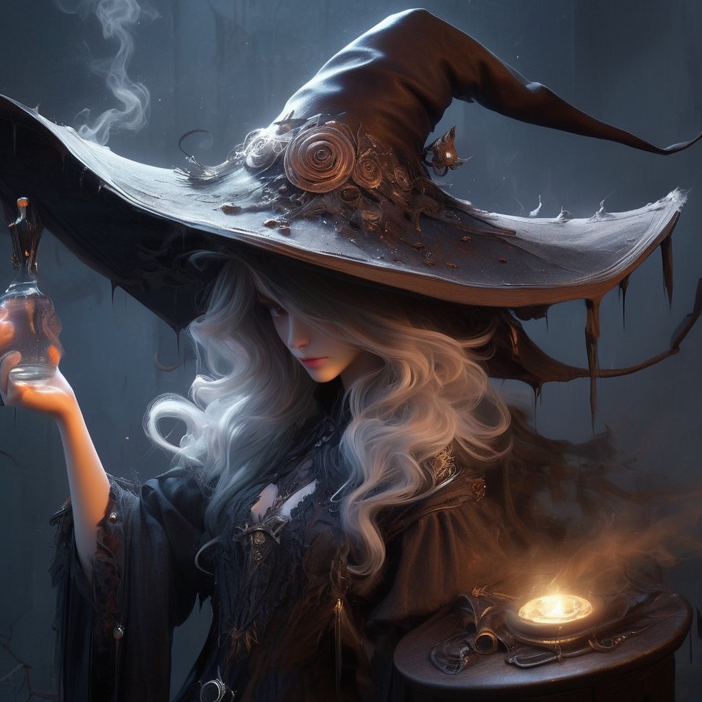 a witch brewing a potion in a alchemy lab!!!, wearing an inkycapwitchyhat with a dripping brim!! Prominent mushroom-style-gills under the brim, sharp focus,Decora_SWstyle, gilled-brim, extra wide hat brim, lace detailed sexy dress, holding a smoking potion bottle, stylized smoke, magical glow in mystical fog, indoors, alchemy workshop labratory library, herbs hanging to dry, colorful bioluminescence potion bottles carefully arranged on a shelf, scrolls books and knick-knacks, owl perched over the top shelf, mystical mood, atmospheric perspective, soft cinematic light, sharp focus, intricate and complex masterpiece, cgsociety and artstation award-winning concept art style