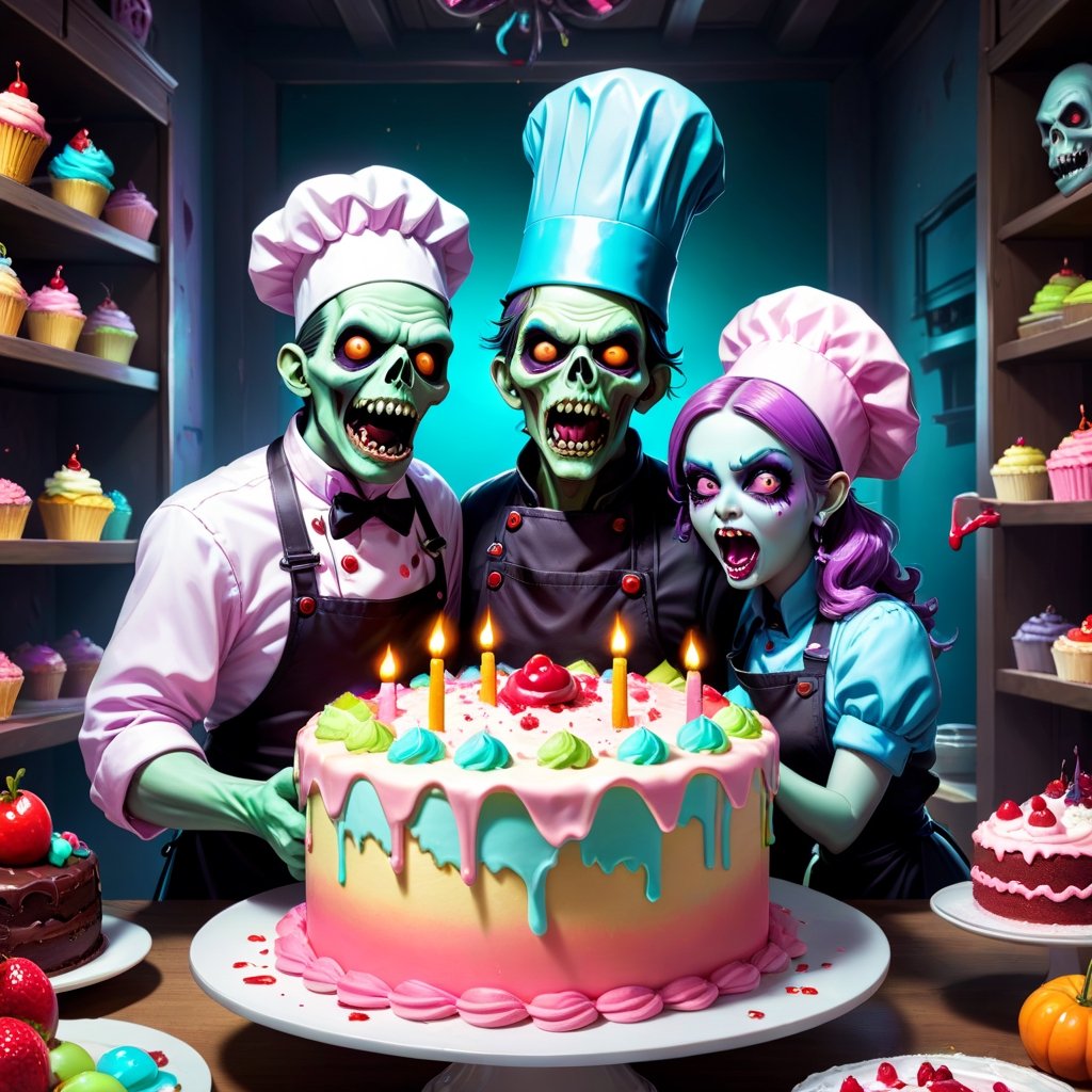 Pastel, a couple of zombies that are standing in front of a cake, mobile game background, cookbook photo, the artist has used bright, lich, fortnite skin, chef hat, adorable horrorcore cartoon, official art, dead and alive, cook, 2. 5 d illustration, pastel poster art by Martina Krupičková, ESAO, Chris LaBrooy, Ron English, Jean-Pierre Norblin de La Gourdaine, shock art, pop surrealism, fantasy art, lowbrow, artstation, behance contest winner, featured on deviantart, cake art, baking artwork, amazing illustration, game promo art
