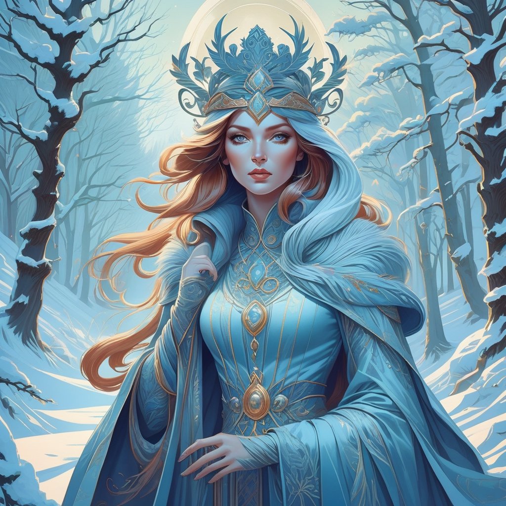 Illustration of a winter muse, by Ivan Bilibin and peter mohrbacher, james jean and anna dittmann, character design, digital illustration, awesome background, 8k resolution