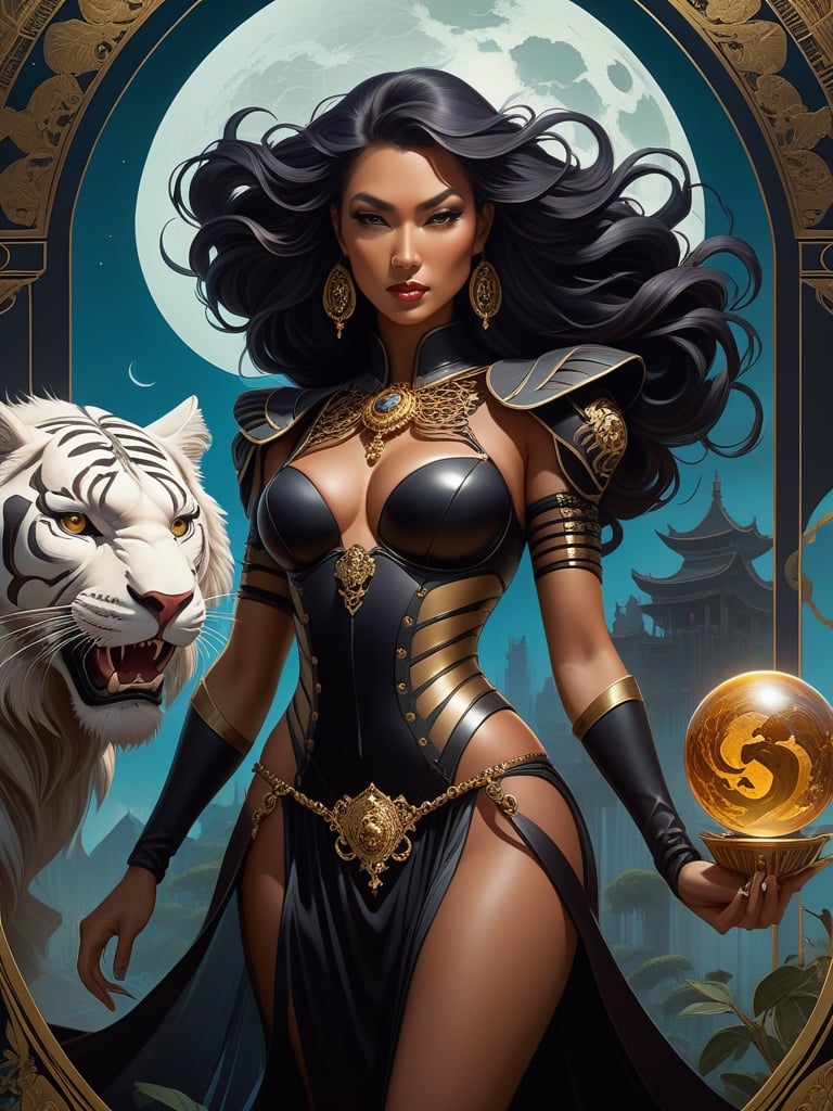 “Strength major arcana tarot card reimagined” as dark fantasy, dark fantasy woman and a skeleton liontiger, stylized painting graphic design poster art by Jon foster, pop surrealism low brow art, digital illustration by yoshitaka amano, dan mumford, Nicolas delort, jeff koons, photorealism, crisp, UHD, fantasy, gorgeous linework, a complex and intricate masterpiece, cel-shaded, clean and sharp, animation key frame, Cool fantasy surreal drawing, juxtapoz magazine, moleskin project, hi-fructose magazine, art style with highly defined lines, professional sketchbook, bold line art, award winning comic graphic novel cover art, ying yang composition