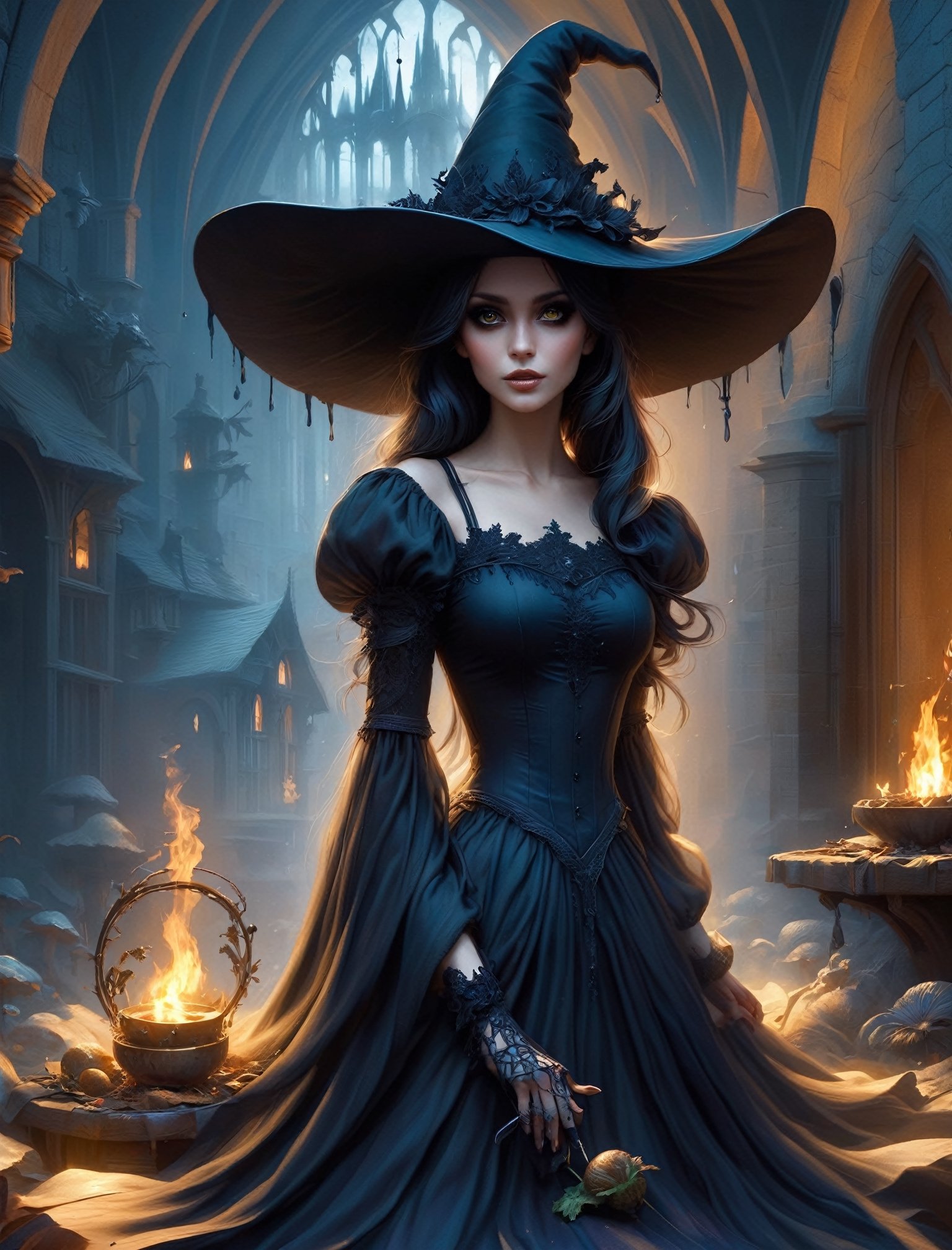 "A mysterious witch stands outside a dark gothic cathedral, the crumbling stone edifice adding to the eerie atmosphere. This scene evokes a cinematic quality, with dramatic lighting highlighting the witch's haunting presence. In the expertly crafted painting, the witch's tattered cloak billows in the wind, her piercing gaze suggesting hidden powers. The brim of her mushroom-inspired hat drips from self-deliquescence, The intricate details of the cathedral's architecture are meticulously rendered, enhancing the overall sense of decay and mystery. This captivating image skillfully combines elements of the supernatural and gothic, inviting viewers to unravel the secrets within its dark, atmospheric setting."