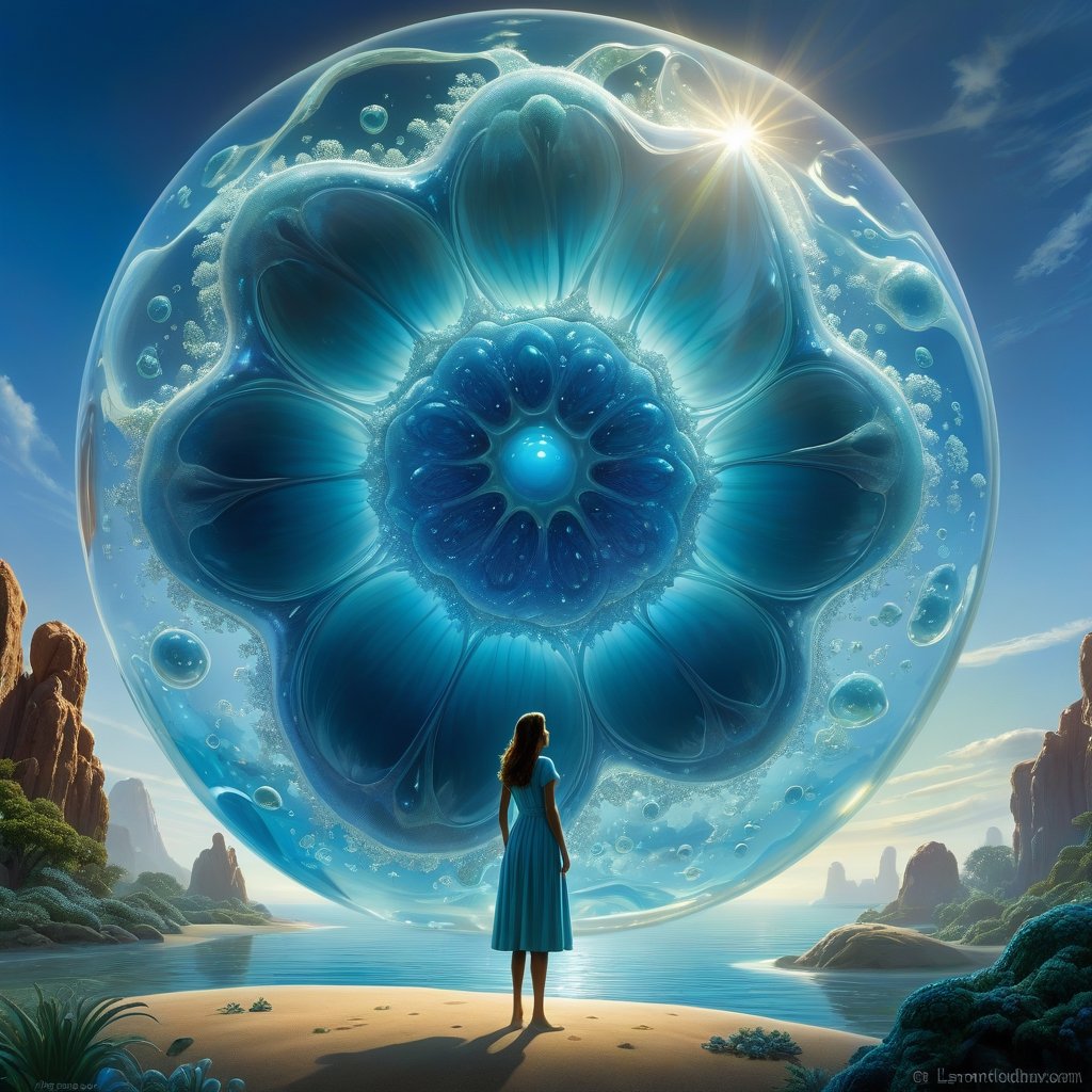 digital illustration, Transparent Amoeba, a woman standing in front of a giant amoeba, jelly-like transparent clear amoeba, science fantasy painting, cell biology, 3 d animated movie, by Lawrence Harris, tree of life inside the ball, crossing the blue horizon, inspired by Todd Lockwood, artist impression, antibodies, by Galen Dara, jaime jasso, intensely beautiful image, marc _ simonetti, portrait of a dreamer