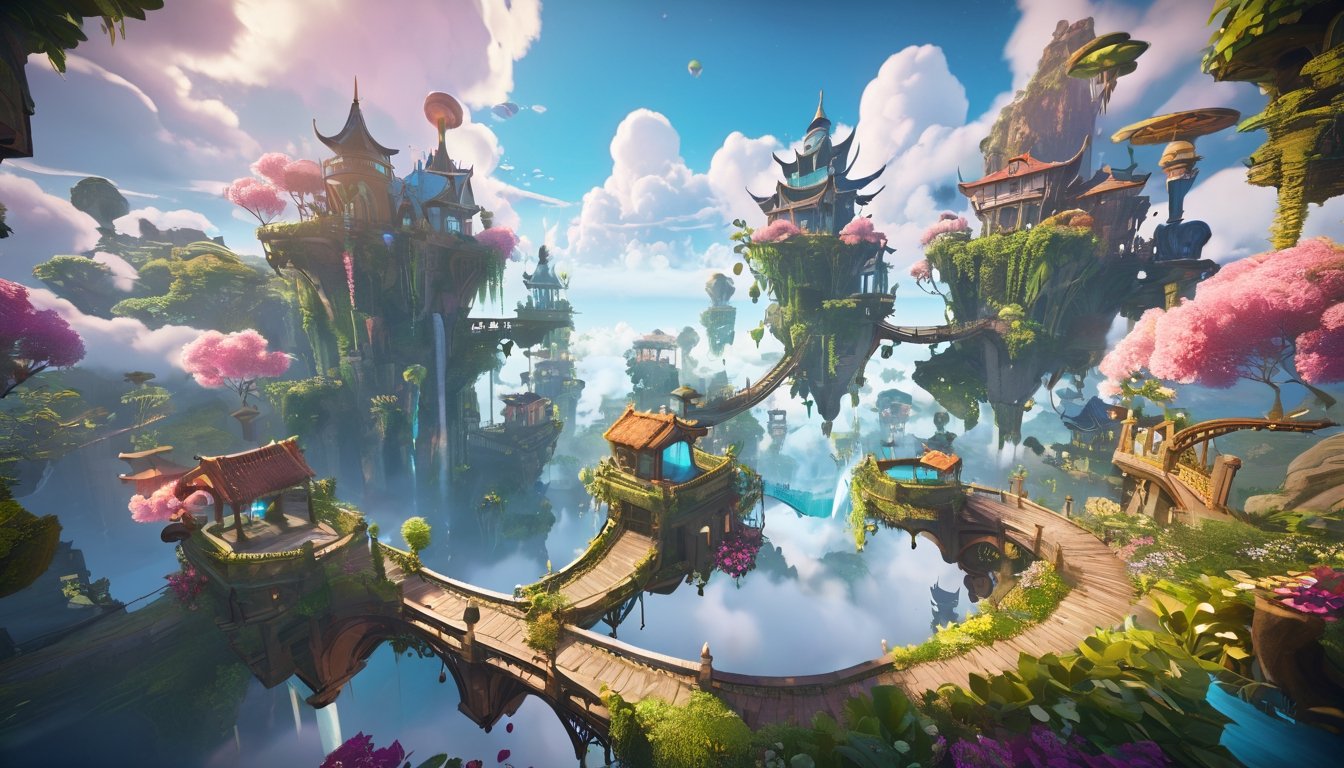 4d spring-themed gaming landscape, skybridges over clouds, islands surrounded by trees, concept art, by Mike "Beeple" Winkelmann, lush plant and magical details, beeple and jeremiah ketner, hanging gardens, video game screenshot>, beautiful render of a fairytale, spellbreak, a bustling magical town, ultra wide gameplay screenshot, floating lands in-clouds, cute detailed digital art, (Game Cinematic Feel, Epic Graphics, Intricately Detailed, 8K Resolution, Dynamic Lighting, Unreal Engine 5, CryEngine, Trending on ArtStation, HDR, 3D Masterpiece, Unity Render, Perfect Composition:0.8)