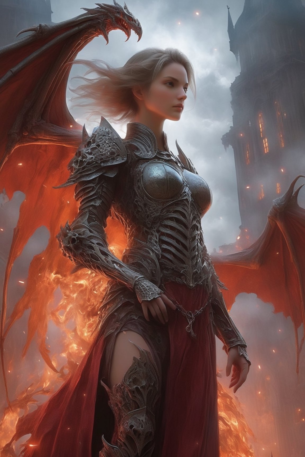 "Dark romance fantasy, a woman wearing dragon bone armor standing above a city, an army looking up at her, embers", bones, ribcage style armor, eldritch, dracolich-like armor, Masterpiece, Intricate, Insanely Detailed, Art by lois van baarle, todd lockwood, chris rallis, anna dittmann, Kim Jung Gi, Gregory Crewdson, Yoji Shinkawa, Guy Denning, Textured!!!!, Chiaroscuro!!, actionpainting, best quality, masterpiece,DracolichXL24,art_booster,LegendDarkFantasy,ellafreya,renny the insta girl,real_booster