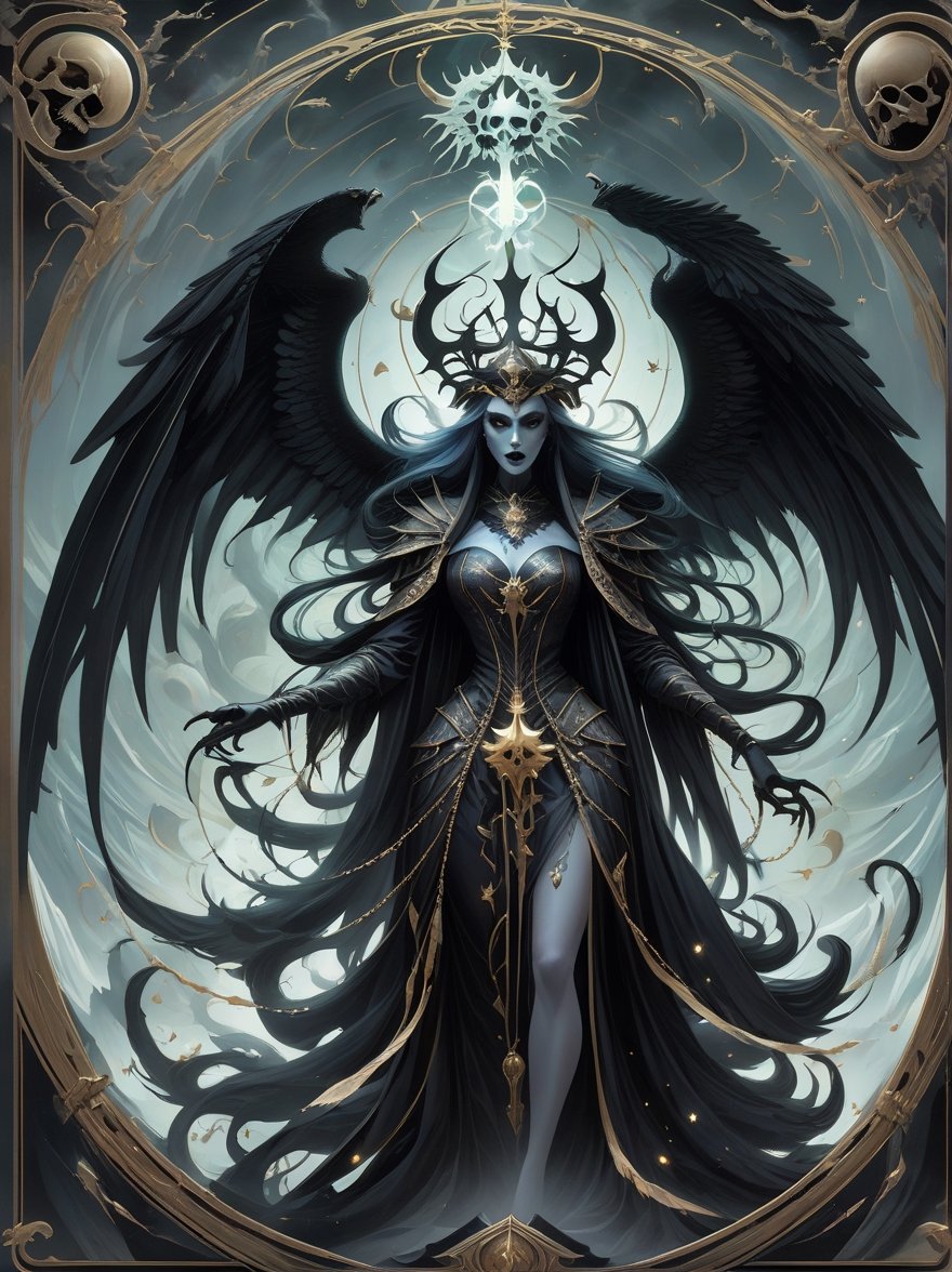 A “major arcana tarot card” reimagined, tarot!!, death, major arcana tarot card, Dark deity, lich queen of the damned, multiple arms, pale skin fading to inky black hands and claws, black wings, beautiful and terrifying, glow, art by Peter mohrbacher and loish, centered