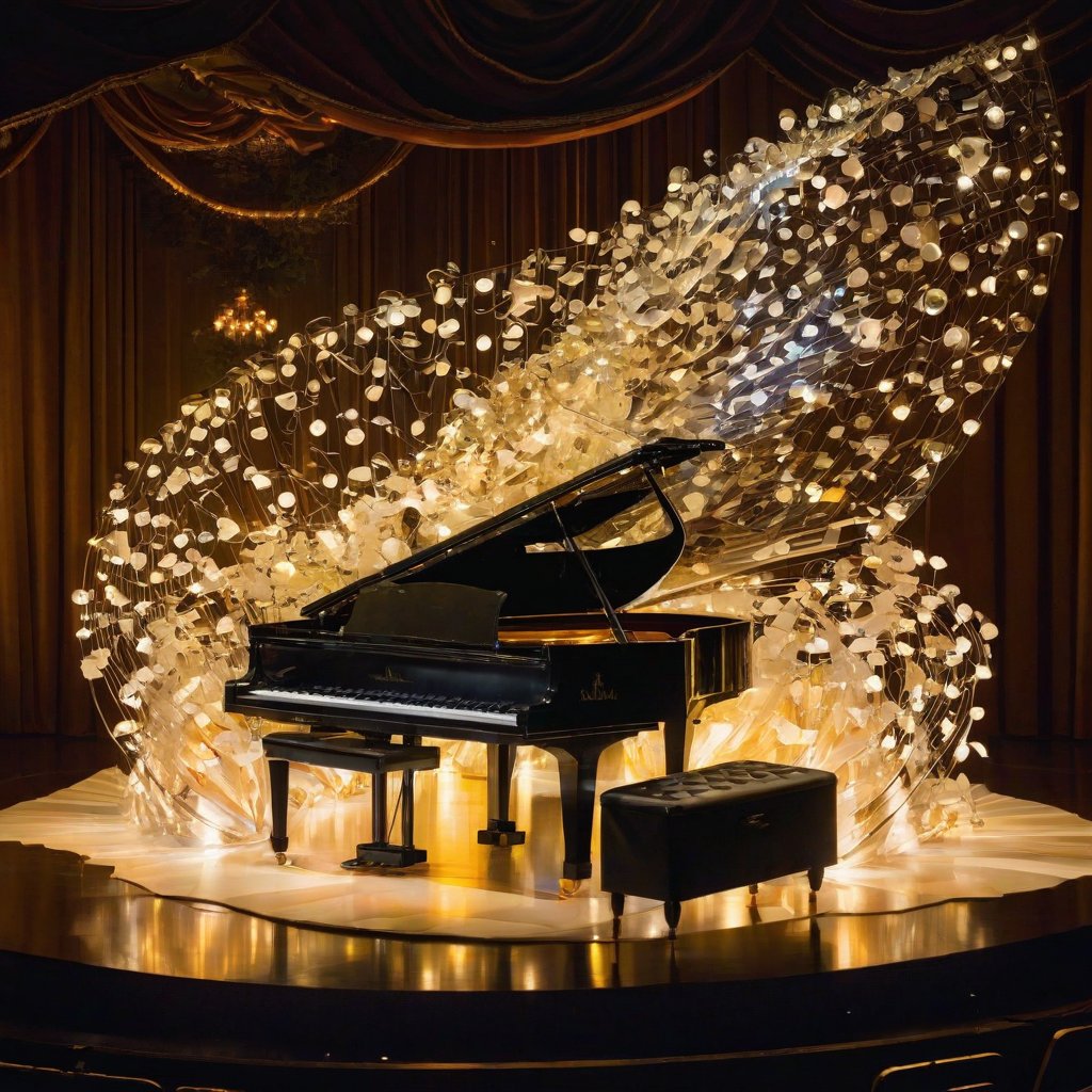 A whimsical scene where a figure, seemingly crafted from sheets of music, is seated at a grand piano. The figure appears to be playing the piano, with sheets of music billowing around it. The piano itself is intricately designed, with a shiny, reflective surface. The background is dimly lit, with glowing orbs scattered around, adding to the magical ambiance. The entire setting is placed on a vast sheet of music, emphasizing the theme of music and performance.