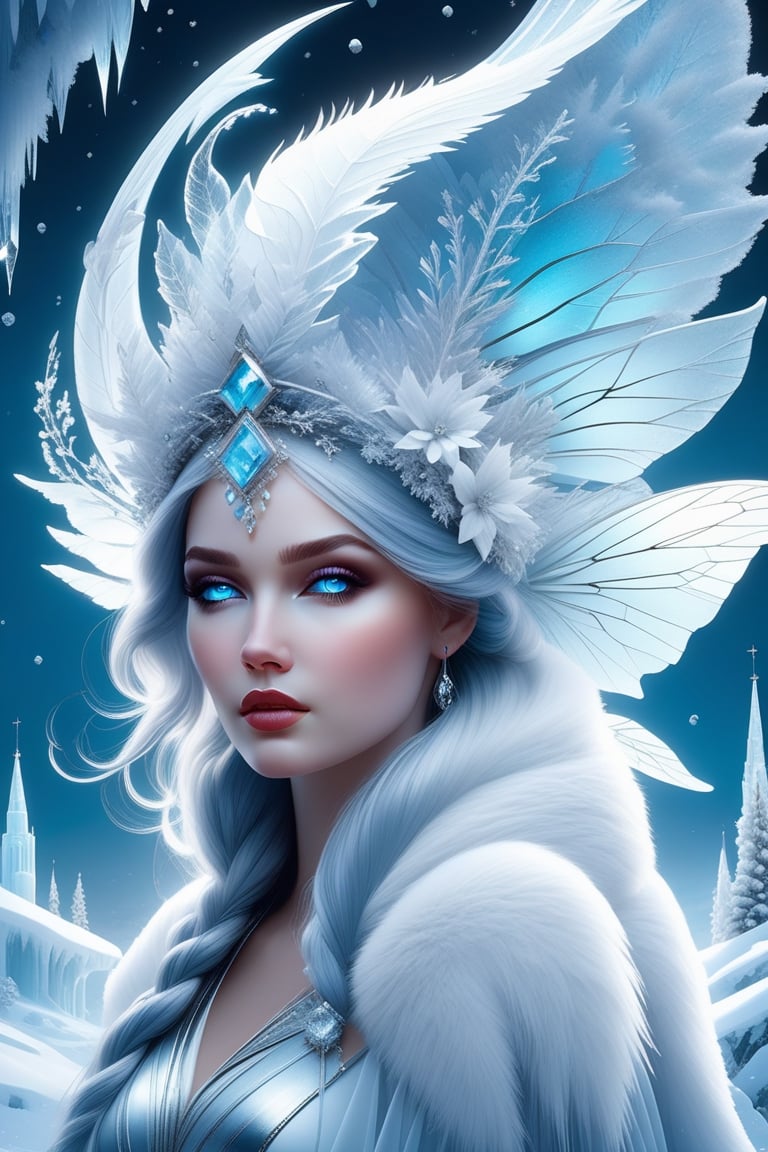 Beautiful winter wonderland scene with a beautiful ice faerie, snow fae, they are holding a white ermine, elaborate, arctic animals, icicles, ice fractals, windy, cold, white christmas, snow, Hyperrealistic digital painting, dynamic scene, hauntingly beautiful art, wlop, james jean, ross tran and lois van baarle and abigail larson and bastien lecouffe deharme, artgerm, charlie bowater, ilya repin, jordan grimmer, detailed matte painting, deep color, fantastical, intricate detail, splash screen, complementary colors, fantasy concept art, 8k resolution trending on Artstation Unreal Engine 5, da vinci, lou xaz, cgsociety,DonMFr0stP4nkXL