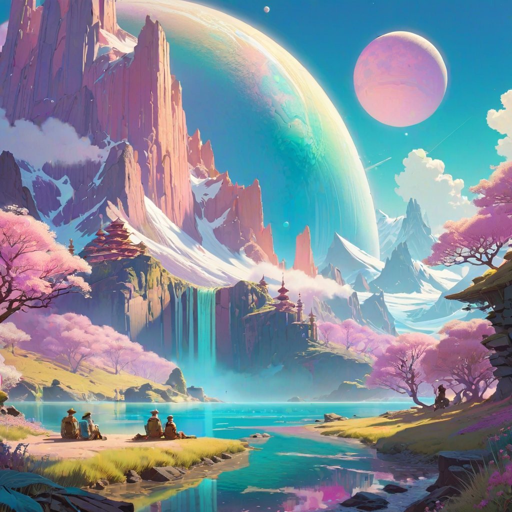 Pastel color palette, bathed in dreamy soft pastel hues || Utopian, native art, small group of hopeful explorers on a small and empty planet in space, unreal engine, greg rutkowski, loish, rhads, beeple, makoto shinkai and lois van baarle, ilya kuvshinov, rossdraws, tom bagshaw, alphonse mucha, global illumination, detailed and intricate environment, moebius art || impossible dream, pastelpunk aesthetic fantasycore art, vibrant soft pastel colors