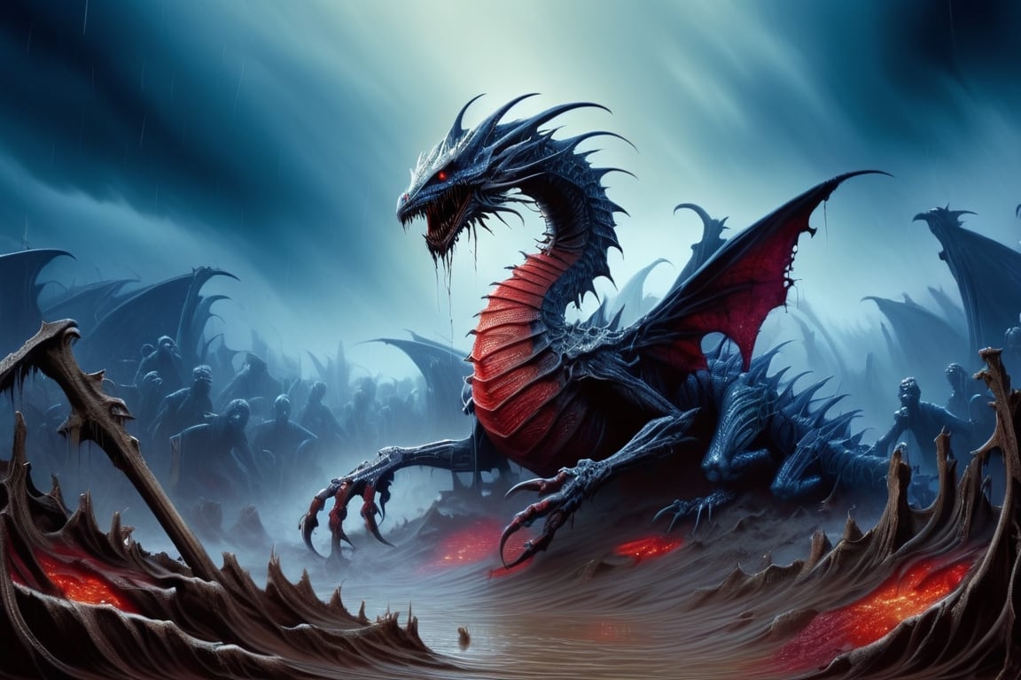 (("Dracolich half buried under the ground rising from the grave")), half submerged in mud, Dark fantasy Horror movie scene, rainy gloomy atmosphere, mysterious night, crawling out of the grave with mud clinging to it, screeching roaring, zombie dragon half buried in the ground, tendrils of mud connect the dragon with the ground, struggling, Hyperdetailed by Arthur Rackham, intricate details, textured, volumetric, vivid blue red purple tones, Antoine Blanchard, joel rea, vibrant colours, beautiful lighting, perfect composition,DracolichXL24,biopunk style,HellAI,darkart