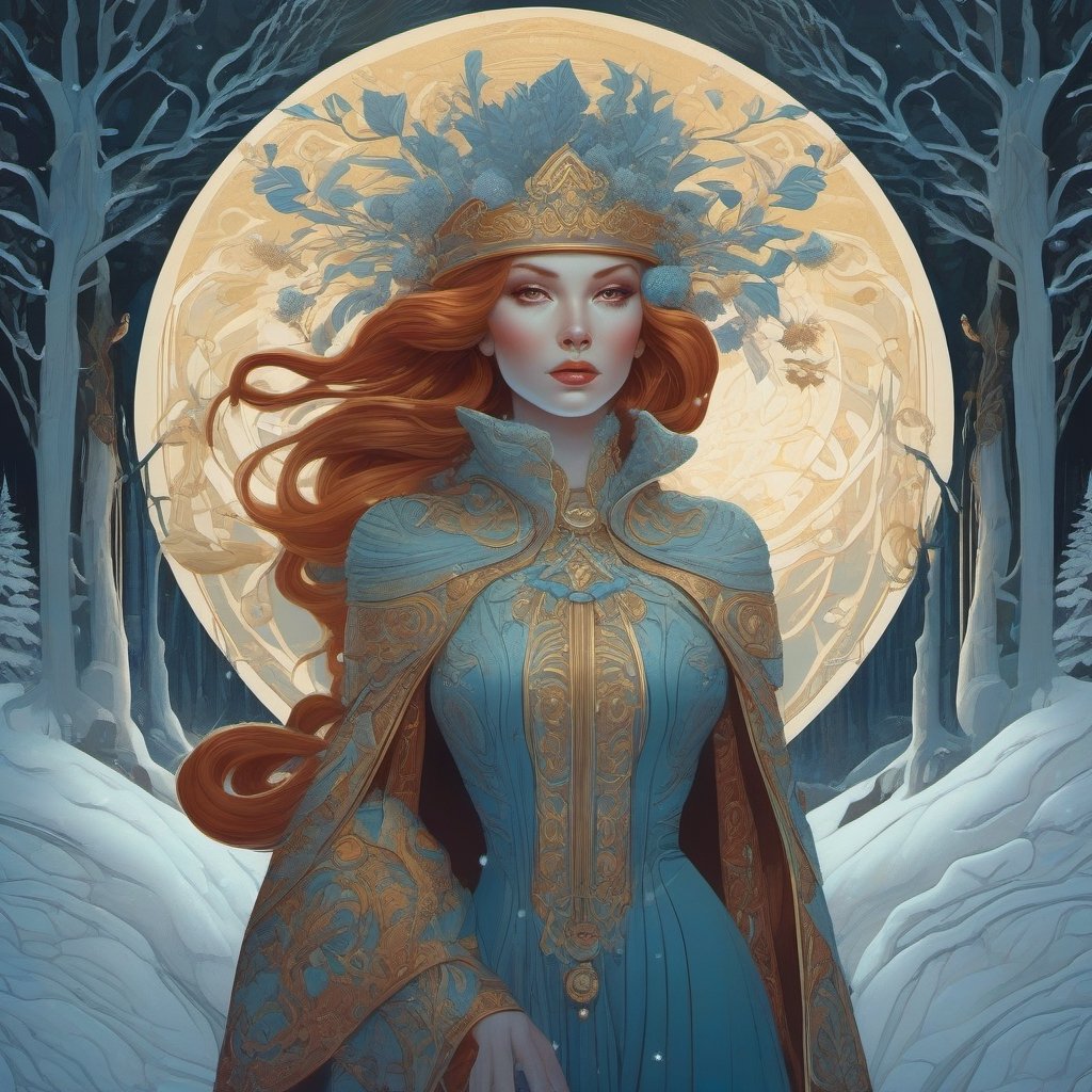 Illustration of a winter muse, by Ivan Bilibin and peter mohrbacher, james jean and anna dittmann, character design, digital illustration, awesome background, 8k resolution