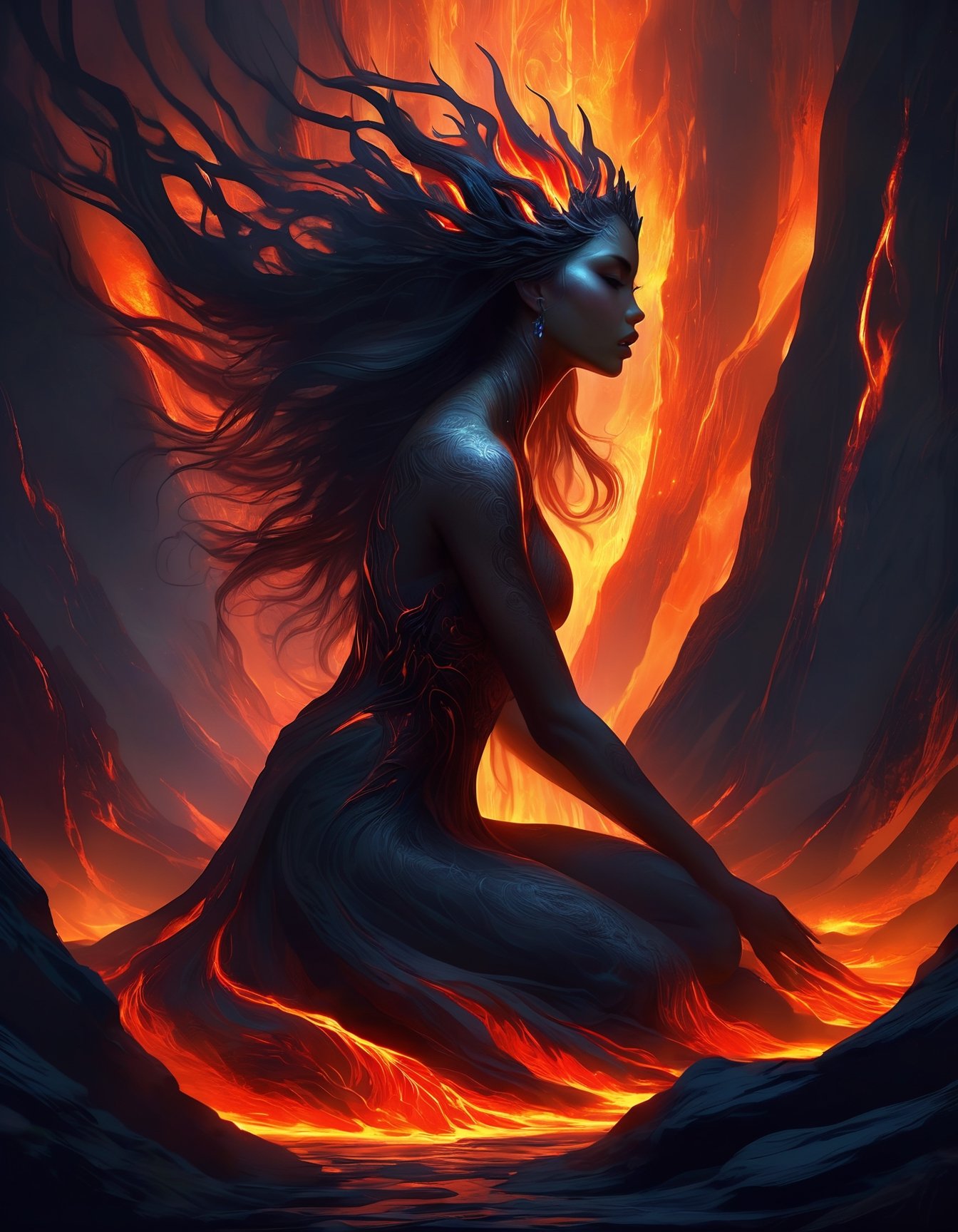 a hyperrealistic digital painting, a vengeful lava monster goddess, hunched over and turning to face us, long flowing glowing lava hair, lava rock body with fiery cracks, wreathed in flame, inspired by mtg artists and charlie bowater and da vinci, detailed backgrounds, 4d, smooth and crisp, atmospheric perspective, horror fantasy || a woman sitting on top of a rock covered in lava, dramatic digital art, woman crying, diffuse, soulslike, avatar image, there is a glow coming from her, nether, smoky lighting, dark soul, transforming,Decora_SWstyle