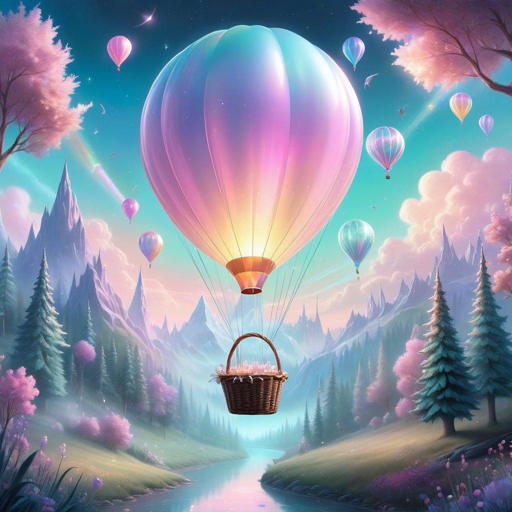 Pastel color palette, in dreamy soft pastel hues, pastelcore, pop surrealism poster illustration ||  extremely detailed (glowy crystal balloon) with a ((basket tied down)) flying over a forest, looting crystals, at night, whimsical, weid, magical, league of legends, art by MSchiffer, breathtaking sky, 32k resolution, best quality || bright hazy pastel colors, whimsical, impossible dream, pastelpunk aesthetic fantasycore art, beautiful soft pastel colors