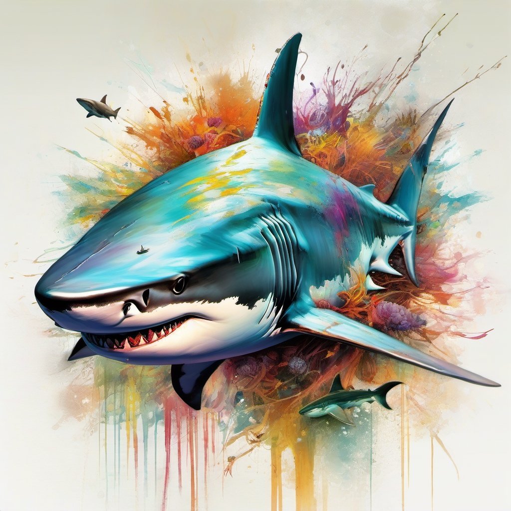 Ocean magic shark, by Carne Griffiths, Minjae Lee, Ana Paula Hoppe, :: Digital Illustration :: Stylized Splash art :: Intricate :: Complex contrast :: HDR :: Sharp :: Crisp :: Cinematic Volumetric lighting :: Extreme wide shot ::