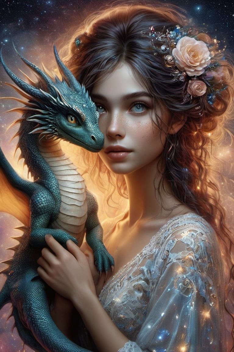 {{best quality}}, {{masterpiece}}, {{ultra-detailed}}, {illustration}, {detailed light}, {an extremely delicate and beautiful}, a girl holding a cute dragon, {beautiful detailed eyes}, stars in the eyes, messy floating hair, colored inner hair, Starry sky adorns hair, depth of field,detailed eyes, PetDragon2024xl,ink 