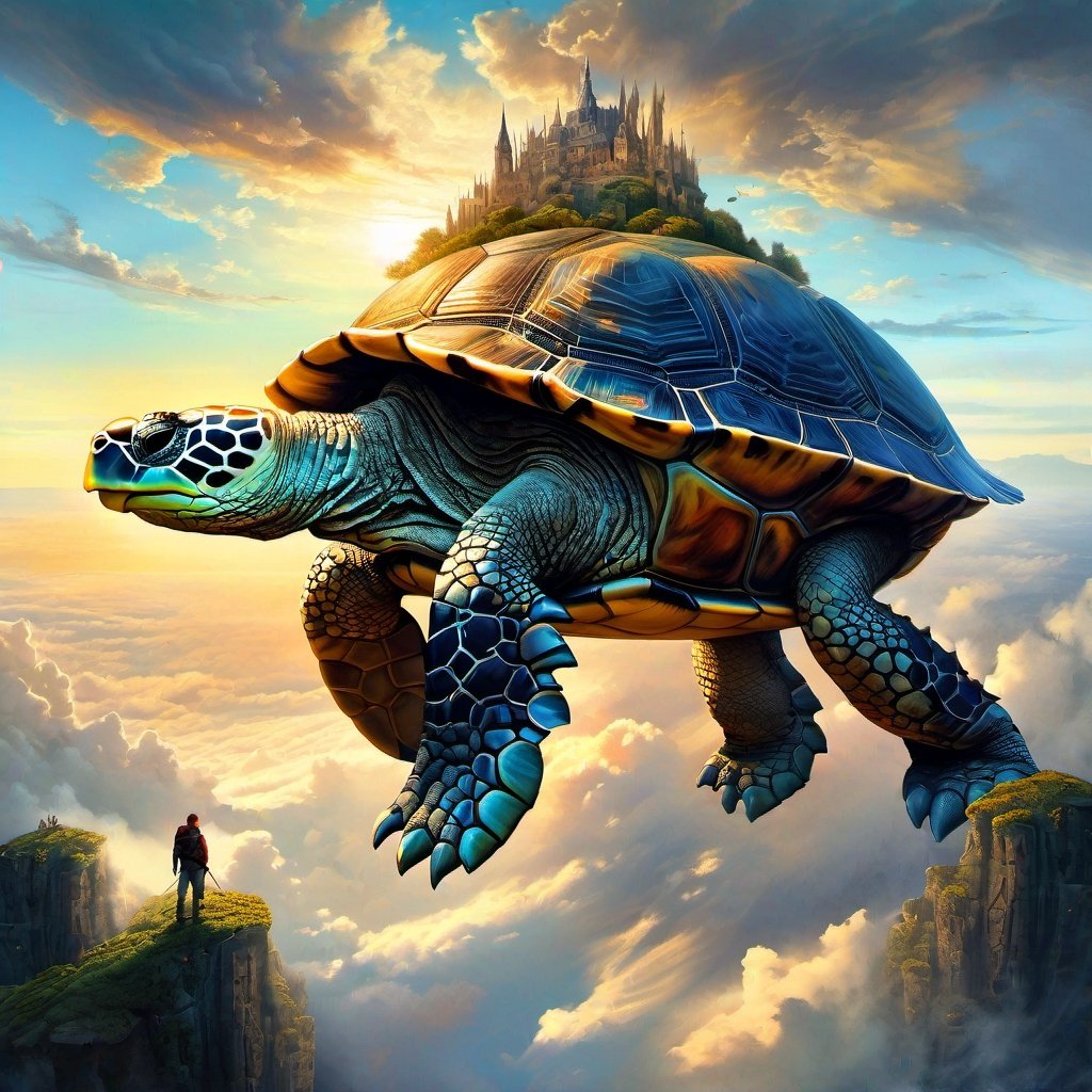 Double exposure Watercolor and oil painting of a Beautiful city on top of a Giant turtle above the clouds, extremely beautiful nature, Epic masterpiece, sunny lighting by awwchang, concept art, environment design, cgsociety, Tim burton, joel rea, greg rutowski, yuumei, rule of thirds, fantasy, Dream, vibrant, perfect composition, beautiful detailed intricate insanely detailed, trending on artstation, soft natural volumetric cinematic perfect light, chiaroscuro, award - winning illustration, masterpiece, oil on canvas, beeple, beksinski, giger, whimsical ethereal fantastical, trending on artstation, sharp focus, soft light, rough edges, paint drops, glow