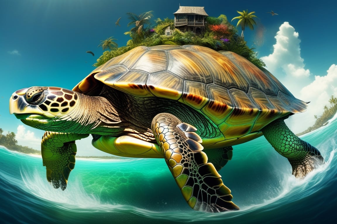 giant turtle!!!! beautiful luscious island on back of flying giant turtle!!!!”, epic colorful fantasy masterpiece artwork by Android Jones, Jean Baptiste monge, Alberto Seveso, Jeremy Mann, maximalist highly detailed professional photography, triadic colors, Unreal Engine 5, octane photograph, volumetric lighting, photorealism