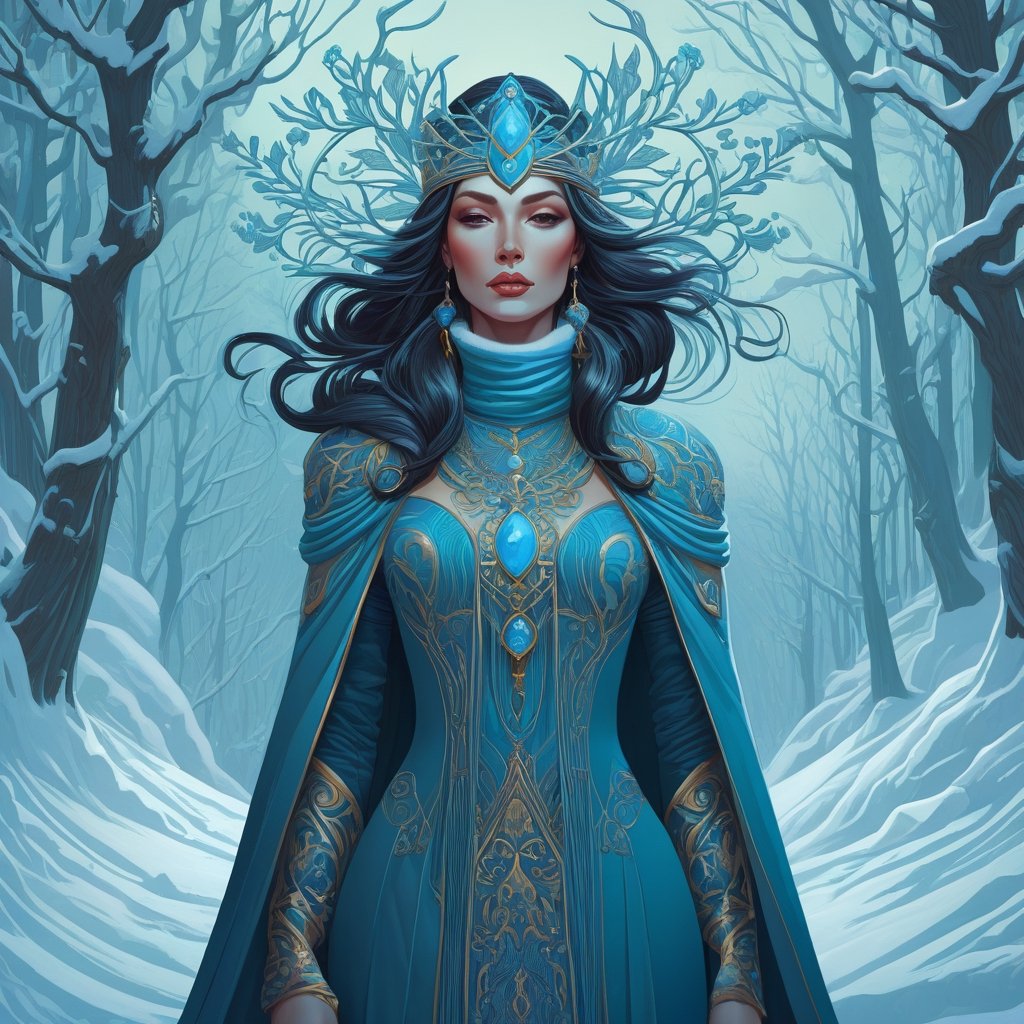 Illustration of a winter muse, by Ivan Bilibin and peter mohrbacher, james jean and anna dittmann, character design, digital illustration, awesome background, 8k resolution