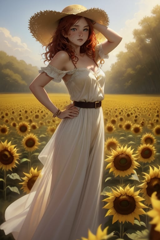 breathtaking painting of a gorgeous girl with a sunhat standing far out in a sunflower field, turning to look at the viewer, curly red hair, windy, cute dusting of freckles on her cheeks and shoulders, (Kokie Childers face, amazing likeness:1.1), off the shoulder white dress with skirt blowing in the wind, whimsical mood, illuminated misty irish forest in the far background, by marc simonetti and yoji shinkawa and wlop, style of guweiz, edwin landseer, eye-catching detail, insanely intricate, vibrant light and shadow ,beauty, paintings on panel, captivating, style of oil painting, modern ink, watercolor, brush strokes, masterpiece, the most beautiful, best quality, something the even doesn't exist, fae magic, mysterious floating lights,Freckles,portrait,freckled girl