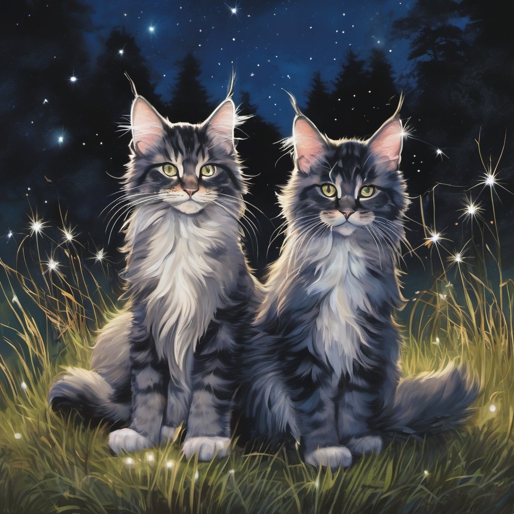 Moonlit meadow aglow with the soft glow of fireflies and a kaleidoscope of fireworks exploding above. Two majestic Maine Coon kittens, their fur a shimmering silver in the night's hush, grasp sparklers in their mouths, leaving a trail of sparks as they frolic across the lush grass. Silhouettes of people seated on blankets dot the landscape, bathed in the warm, golden light of fireflies and the ethereal magic that permeates this enchanted realm. A celestial canvas above, stars twinkling like diamonds against the deep indigo sky.