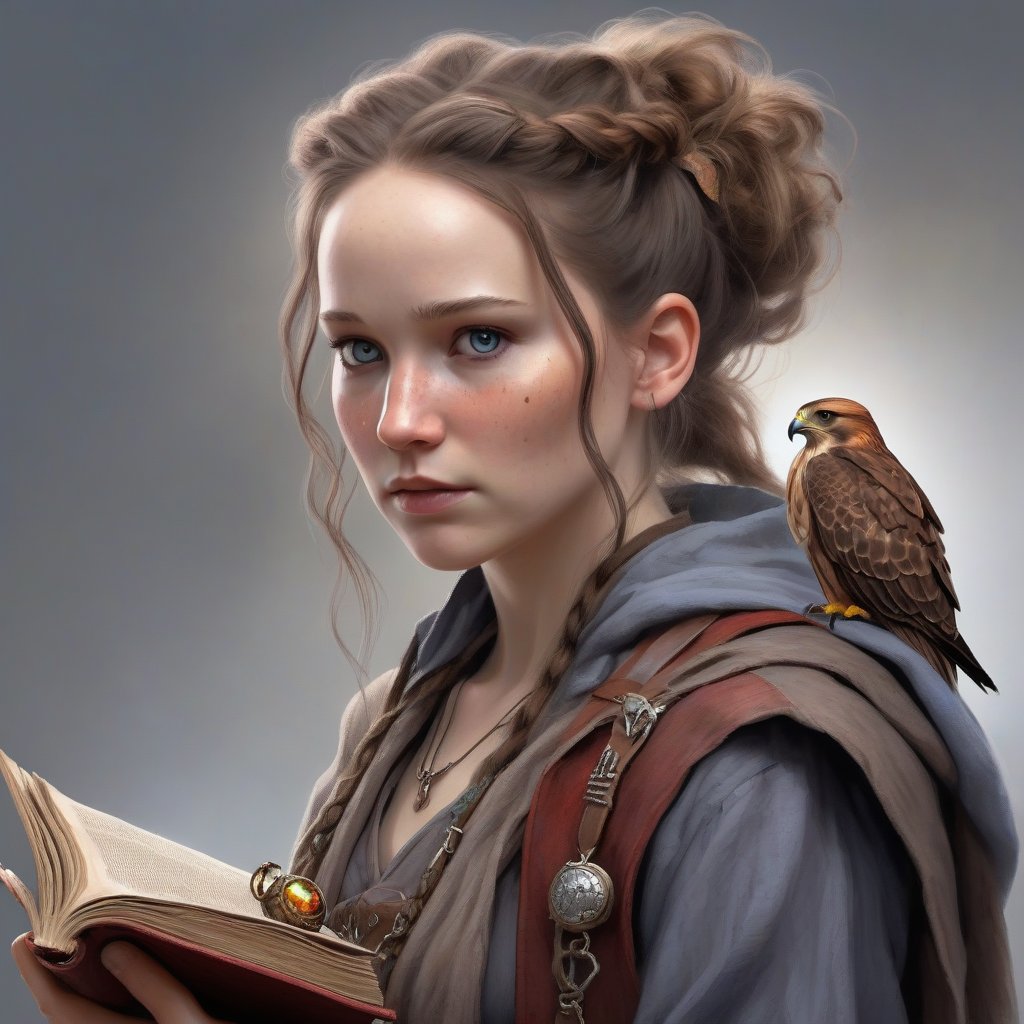 A fantasy character concept portrait of a human wizard woman with pale complexion, subtle freckles, mousy darkbrown messy long hair pulled back in a low messy bun, ((face reminiscent of  jennifer lawrence)), clever grey eyes, skeptical annoyed condescending expression, worn and layered traveling wizard clothing adorned with various magical trinkets, a spellbook and potion vials attached to her belt, and a magical red-tailed hawk perched on her shoulder. The background is detailed, with a captivating composition and color, blending fantasy and realism 