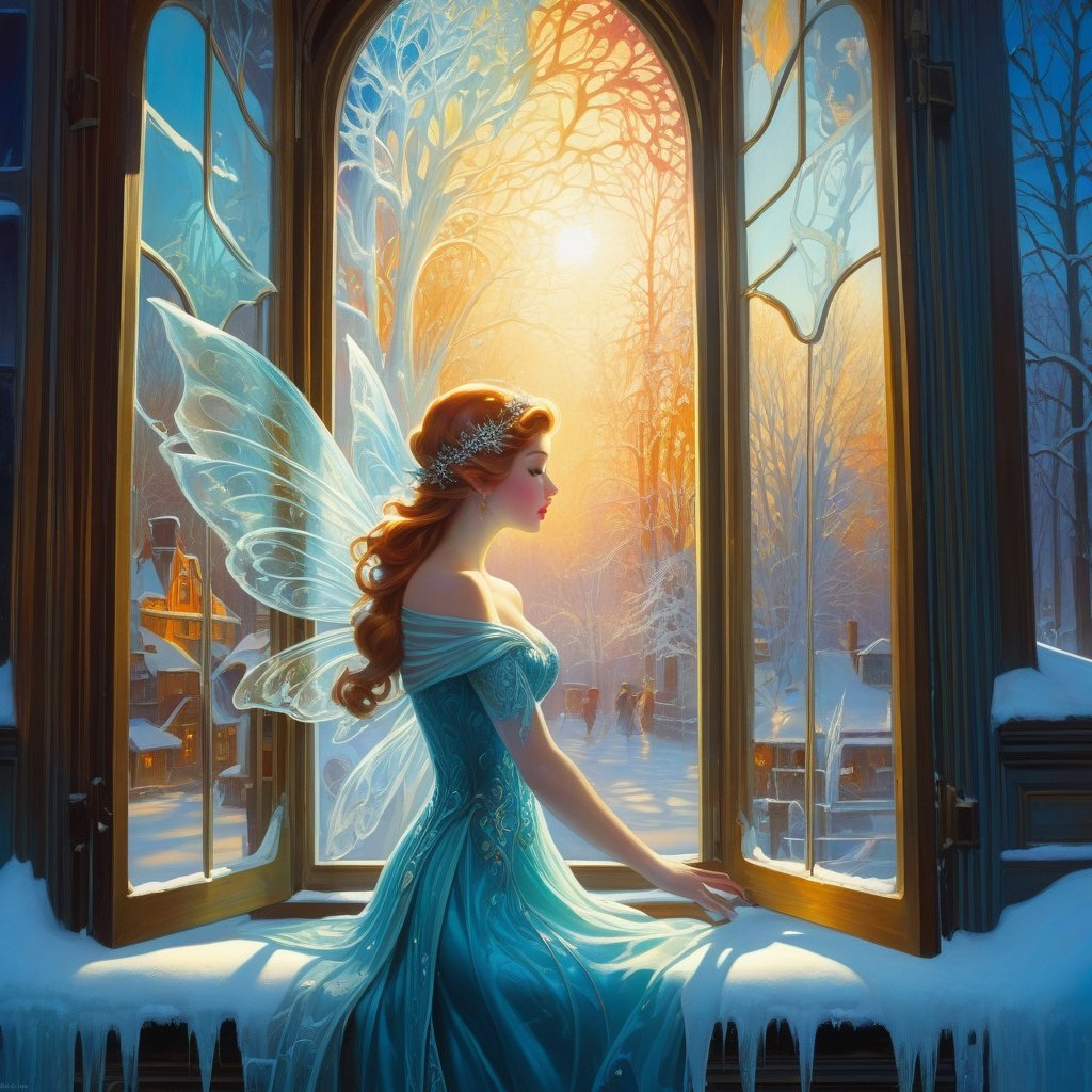 "Little Ice fairies painting ice patterns onto frozen windows", art by Marc simonetti & James jean & anna dittman & bill sienkiewicz, Gil elvgren & wlop, surreal, surrealism, imaginative, fluid movement, cinematic scene :: fantasycore, Hyperrealistic, splash art, concept art, mid shot, intricately detailed, color depth, dramatic, side light, colorful background, intricate details, HDR, beautifully shot