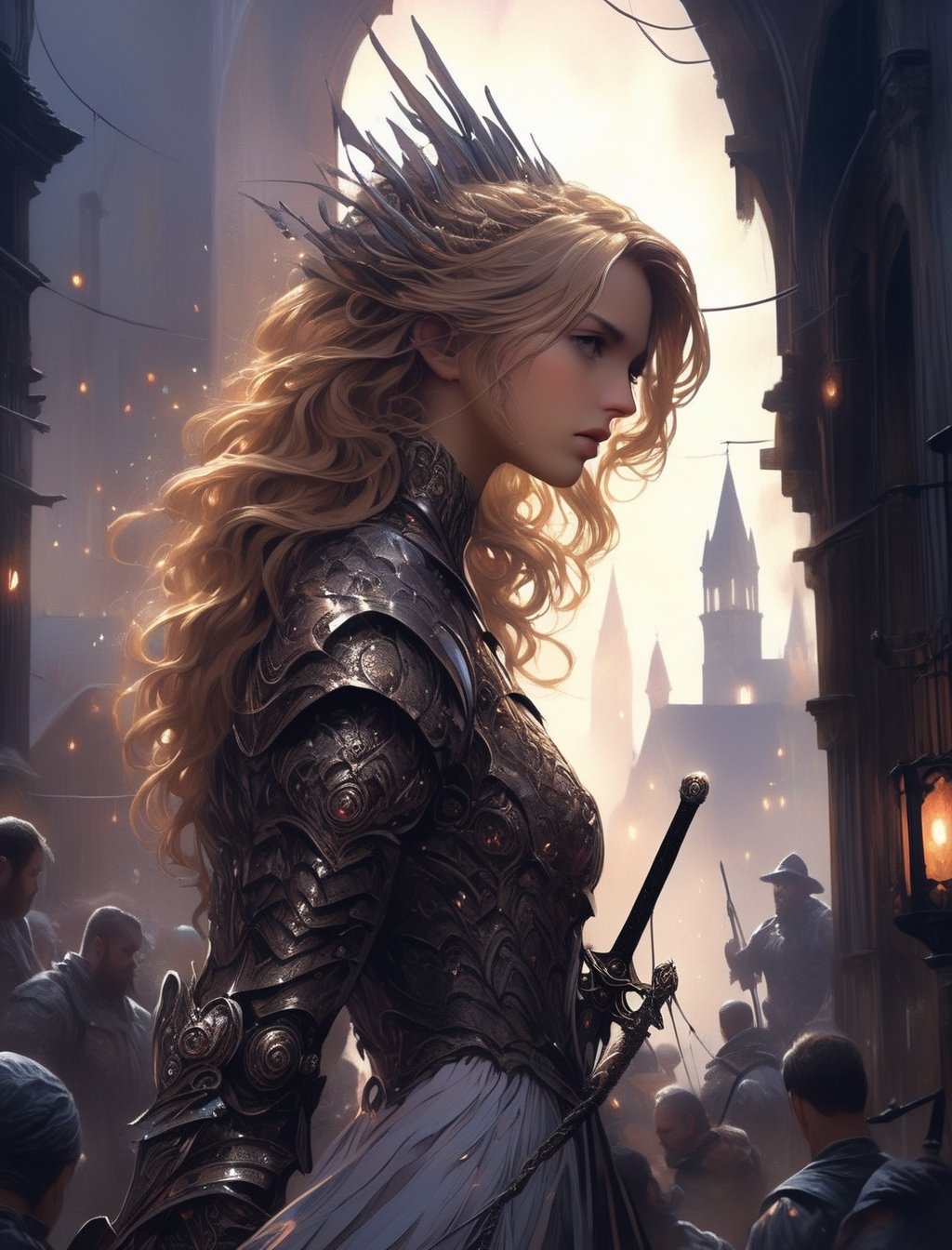 "Dark romance fantasy, close up of a woman with sword wearing dragon bone armor standing above a city, an army looking up at her, embers", bones, ribcage style armor, eldritch, dracolich-like armor, wavy golden dark blonde hair, Masterpiece, Intricate, Insanely Detailed, Art by lois van baarle, todd lockwood, chris rallis, anna dittmann, Kim Jung Gi, Gregory Crewdson, Yoji Shinkawa, Guy Denning, smooth, natural Chiaroscuro, subsurface scattering vfx, actionpainting, best quality, smooth finish, masterpiece,DracolichXL24,art_booster,LegendDarkFantasy,ellafreya,renny the insta girl,real_booster,oil paint ,Decora_SWstyle