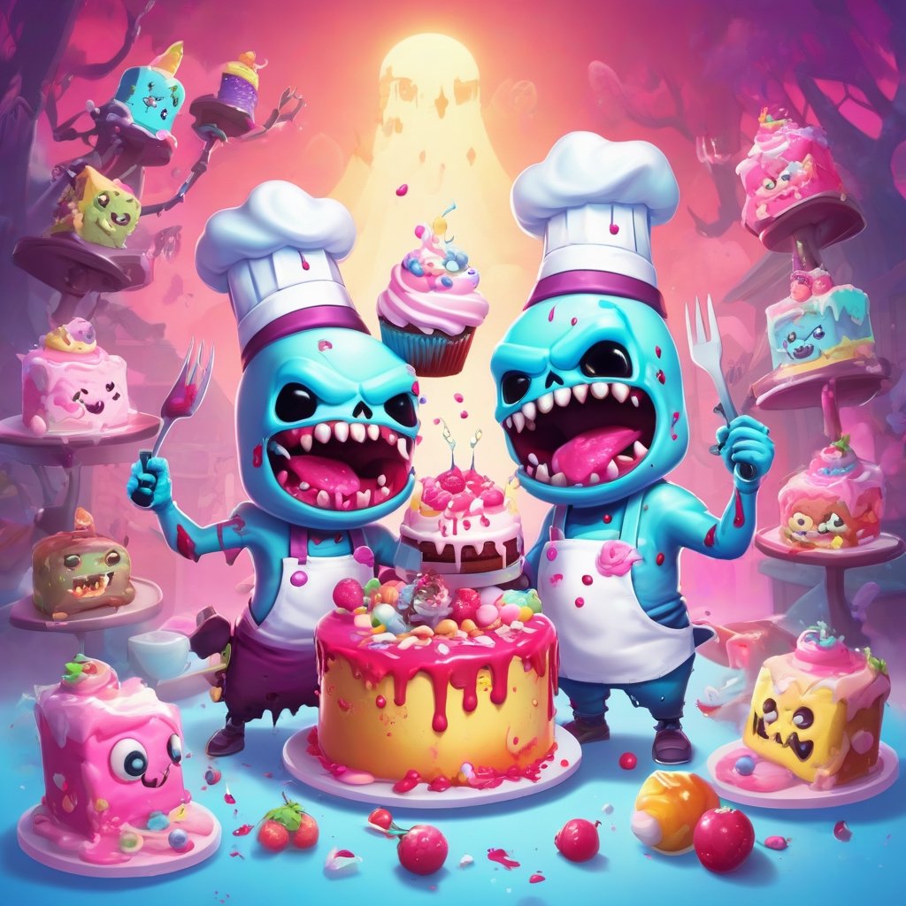 Pastel, a couple of adorable happy bakery kawaii zombies that are standing in front of a cake, mobile game background, cookbook photo, the artist has used bright, lich, fortnite skin, chef hat, adorable horrorcore cartoon, official art, dead and alive, cook, 2. 5 d illustration, pastel poster art by Martina Krupičková, ESAO, Chris LaBrooy, Ron English, Jean-Pierre Norblin de La Gourdaine, shock art, pop surrealism, fantasy art, lowbrow, artstation, behance contest winner, featured on deviantart, cake art, baking artwork, amazing illustration, game promo art
