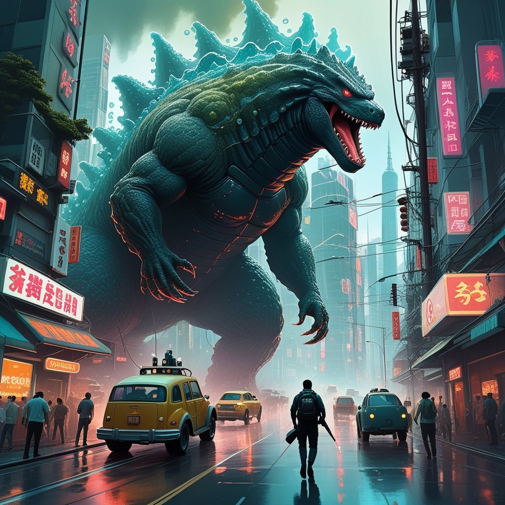 by cyril rolando, Ismail Inceoglu & Atey Ghailan & Victo Ngai & Alan Lee & James Gilleard :: 100-meter-tall clear-transparent-amoeba gelatinous-blob attacking godzilla, stomping on industrialized futuristic synthwave japanese-themed city, clear amoeba with glowing organelles :: panic & running & escape :: mayhem :: mass hysteria :: smoke & explosions :: planetary crisis :: cautionary tale :: cyberpunk palette