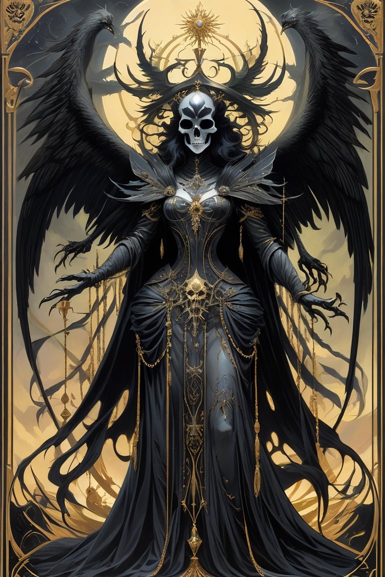 A “major arcana tarot card” reimagined, tarot!!, death, major arcana tarot card, Dark deity, lich queen of the damned, multiple arms, pale skin fading to inky black hands and claws, black wings, beautiful and terrifying, glow, art by Peter mohrbacher and loish, centered, symmetrical 