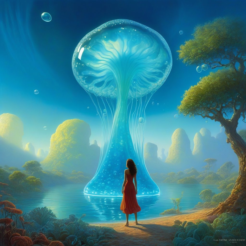 Hyperreal digital illustration, Transparent Amoeba, a woman standing in front of a giant amoeba jelly, science fantasy painting, cell biology, 3 d animated movie, by Lawrence Harris, tree of life inside the ball, crossing the blue horizon, inspired by Todd Lockwood, artist impression, antibodies, by Galen Dara, jaime jasso, intensely beautiful image, marc _ simonetti, portrait of a dreamer