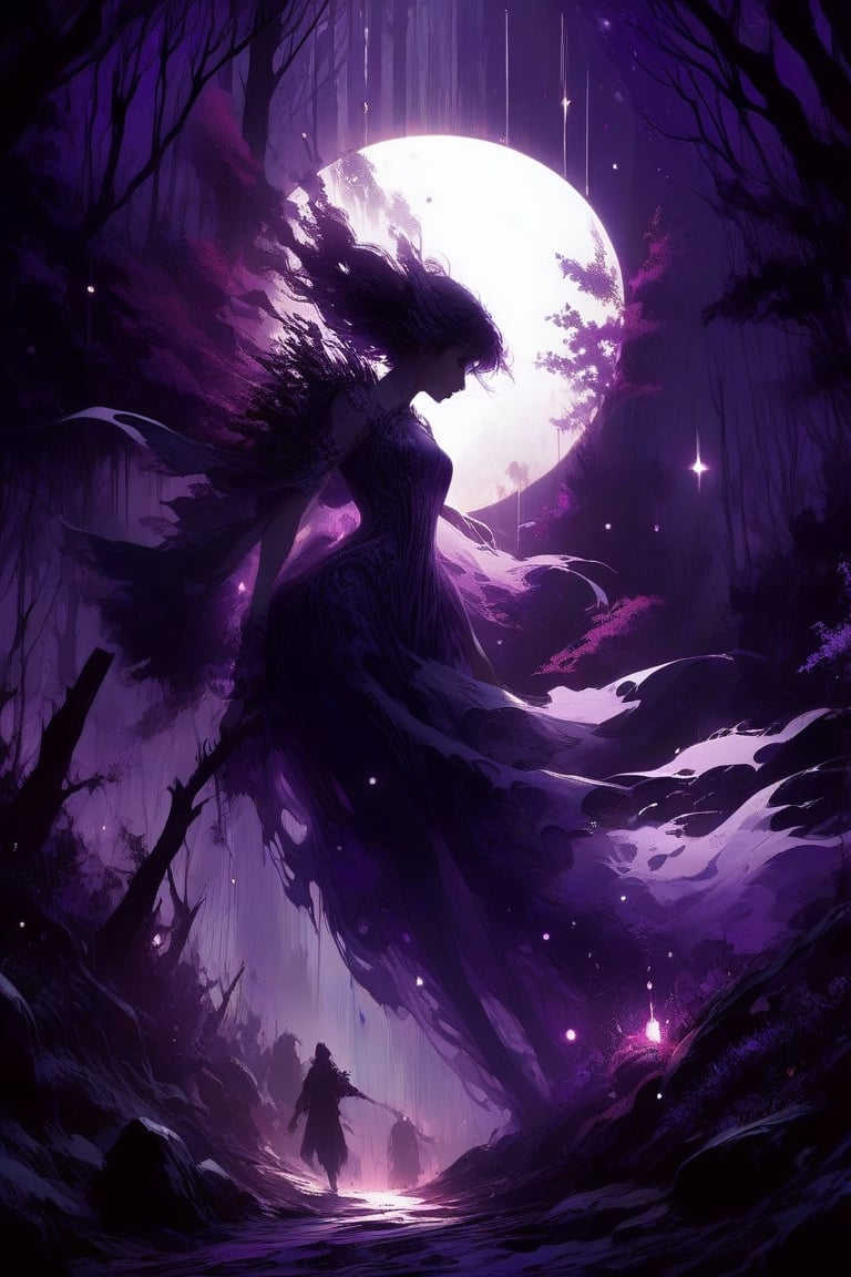 On a full moon night in a supernatural forest, Metallic_Vexing_Violet_color, magic, soft lighting, sharp focus, by Marc Simonetti & yoji shinkawa & wlop & james jean, paint drops, rough edges, trending on artstation, studio photo, intricate details, highly detailed, moonrays, detailed brushwork, illustration, epic perfect composition, energetic, dan mumford and anna dittmann
,Decora_SWstyle