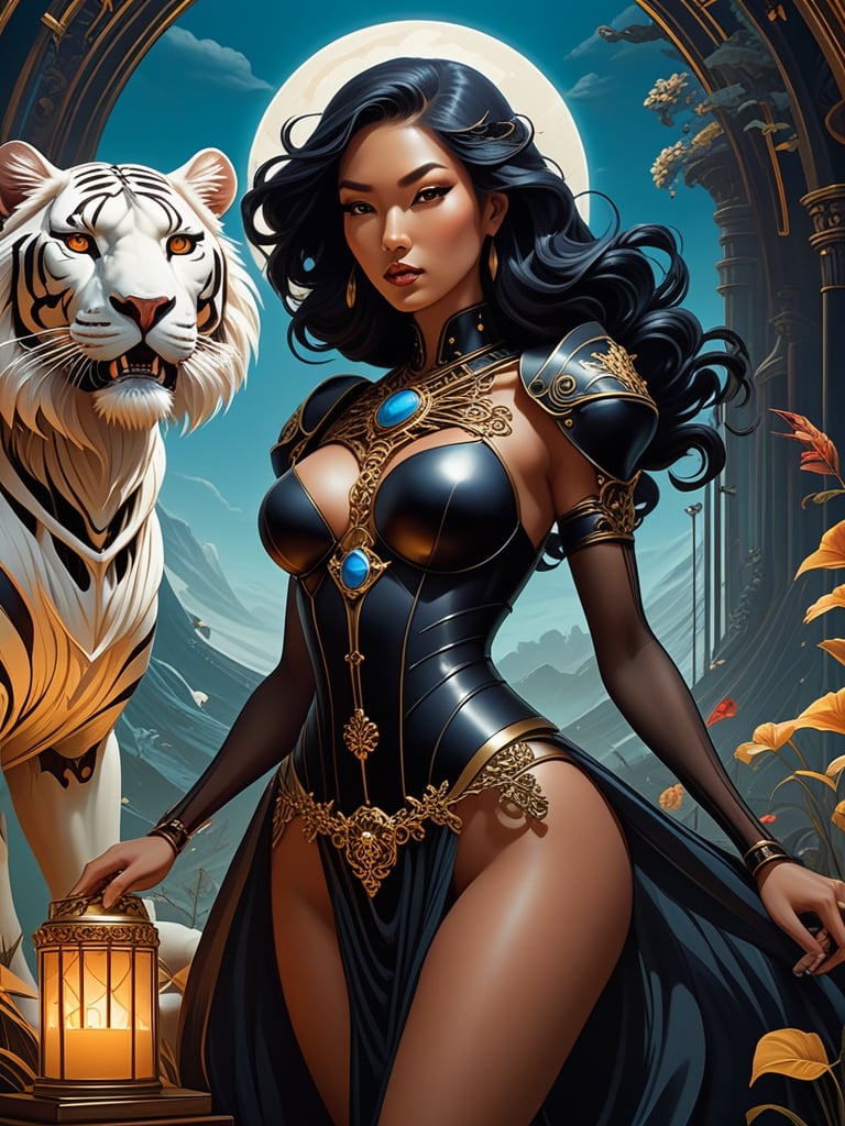 “Strength major arcana tarot card reimagined” as dark fantasy, dark fantasy woman and a skeleton liontiger, stylized painting graphic design poster art by Jon foster, pop surrealism low brow art, digital illustration by yoshitaka amano, dan mumford, Nicolas delort, jeff koons, photorealism, crisp, UHD, fantasy, gorgeous linework, a complex and intricate masterpiece, cel-shaded, clean and sharp, animation key frame, Cool fantasy surreal drawing, juxtapoz magazine, moleskin project, hi-fructose magazine, art style with highly defined lines, professional sketchbook, bold line art, award winning comic graphic novel cover art, ying yang composition